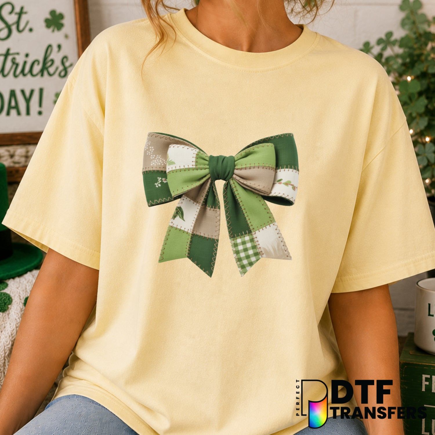 Faux Patchwork Coquette Bow – St. Patrick's Day DTF Transfer (view 1 of 2) – by Perfect DTF Transfers – Premade DTF Transf...