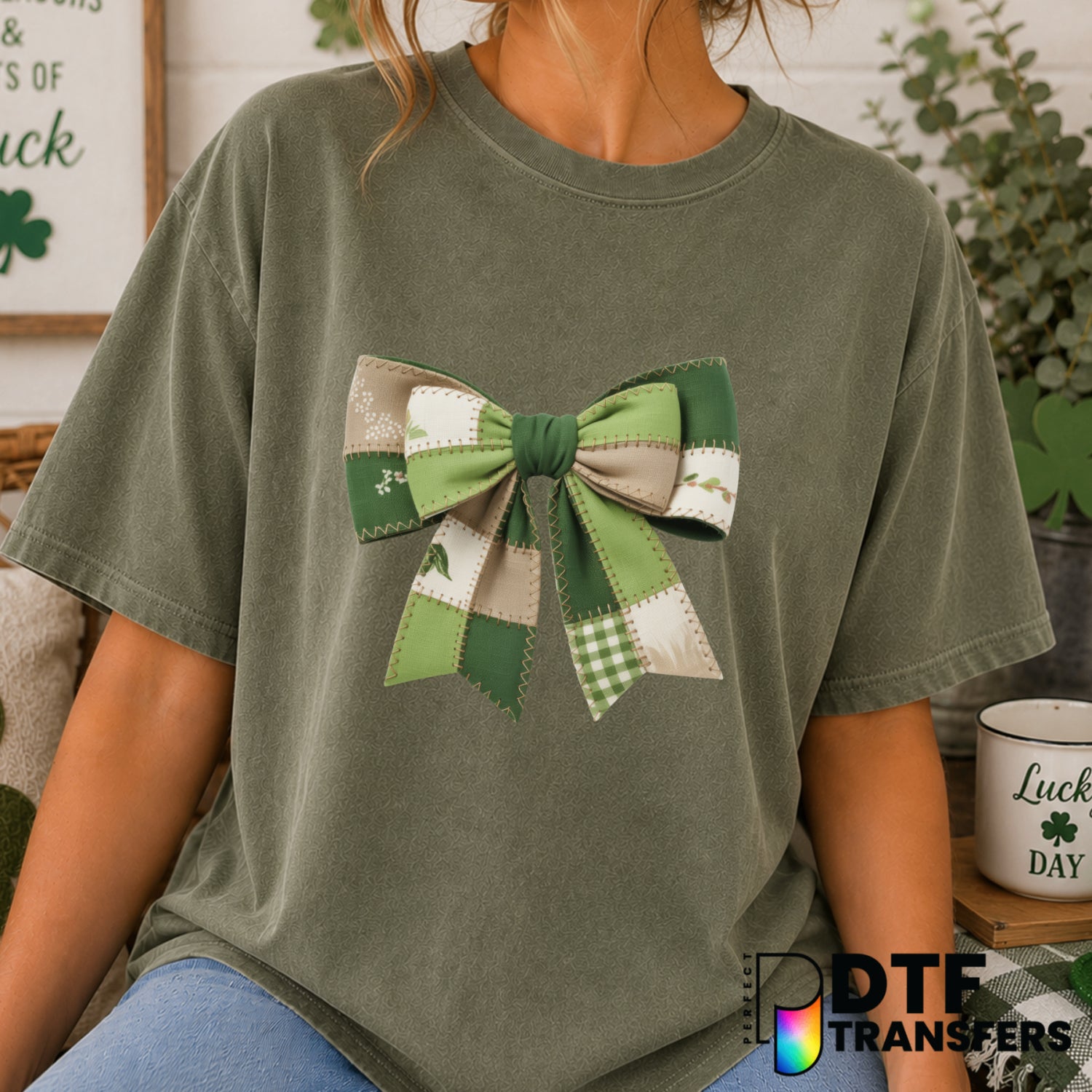 Faux Patchwork Coquette Bow – St. Patrick's Day DTF Transfer (view 2 of 2) – by Perfect DTF Transfers – Premade DTF Transf...