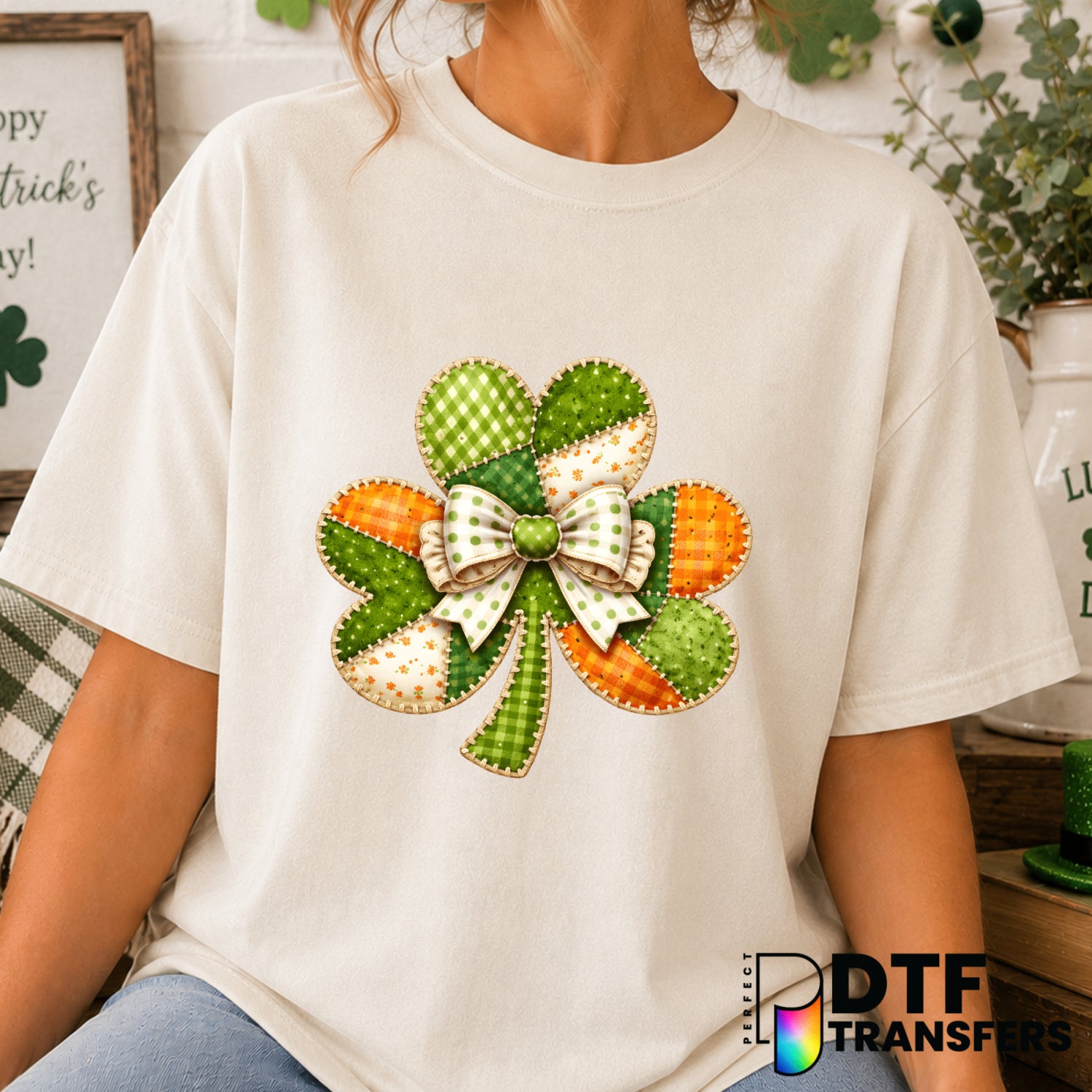 Faux Patchwork Coquette Clover – St. Patrick's Day DTF Transfer (view 2 of 2) – by Perfect DTF Transfers – Premade DTF Tra...