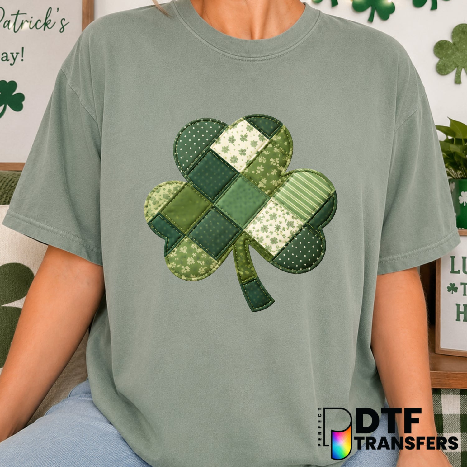 Faux Patchwork Coquette Shamrock – St. Patrick's Day DTF Transfer (view 2 of 2) – by Perfect DTF Transfers – Premade DTF T...