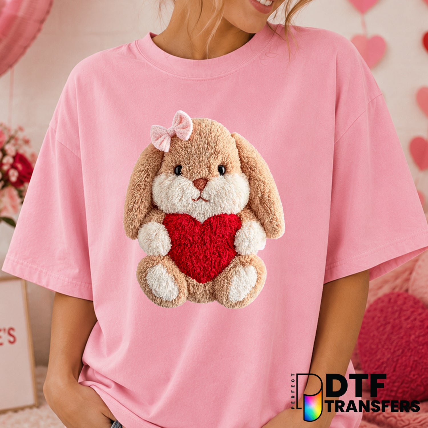 Faux Yarn Bunny Heart – Valentine's Day DTF Transfer (view 1 of 2) – by Perfect DTF Transfers – Premade DTF Transfers – Va...