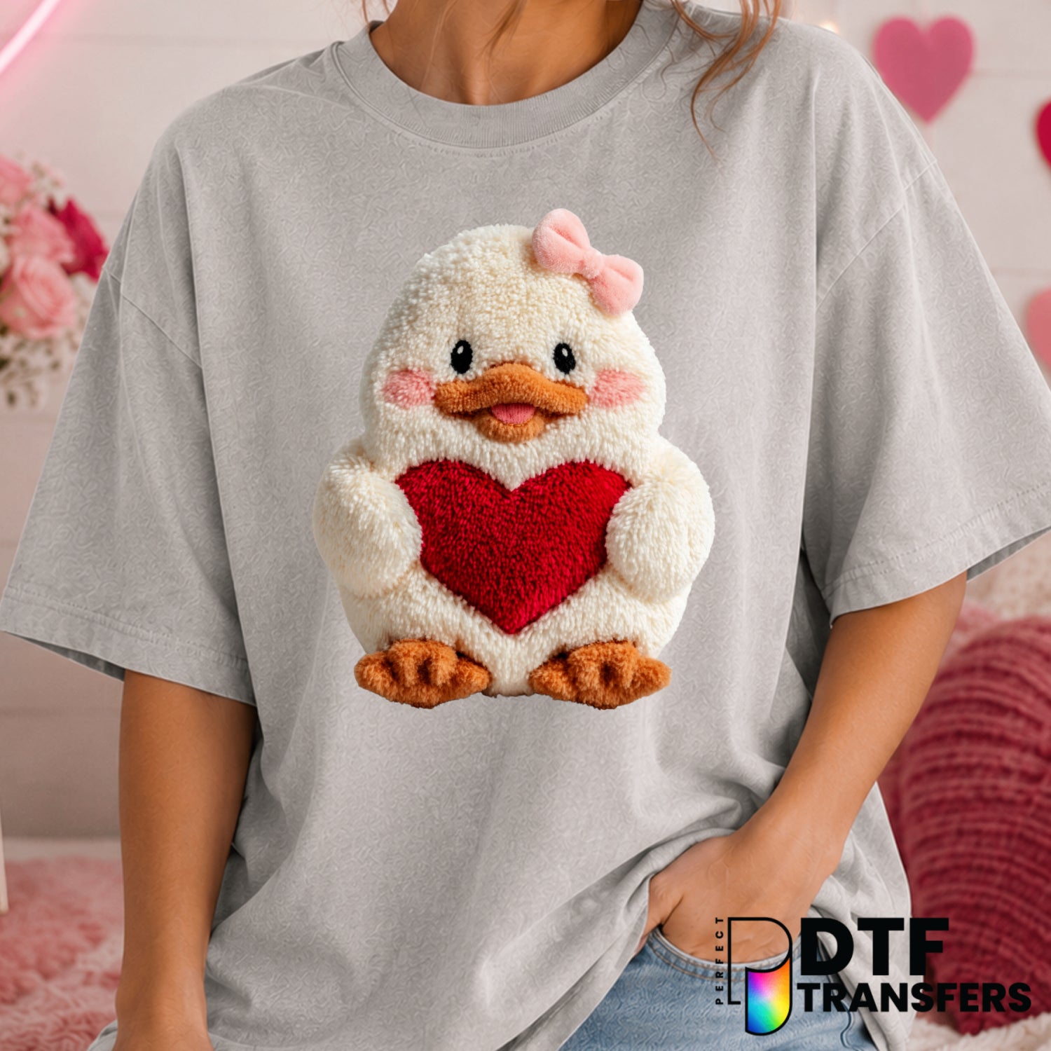 Faux Yarn Duck Heart – Valentine's Day DTF Transfer (view 1 of 2) – by Perfect DTF Transfers – Premade DTF Transfers – Val...