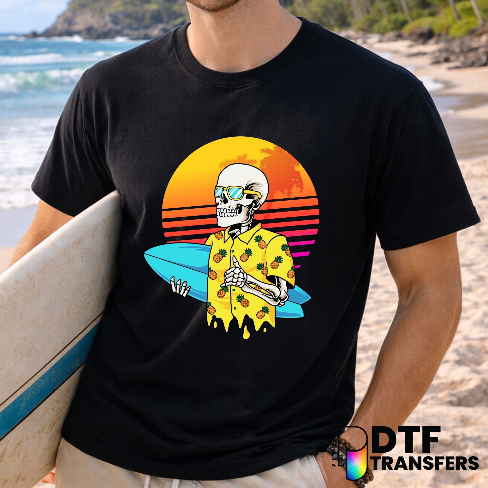 Hawaiian Shirt Skeleton Surfing – DTF Transfer