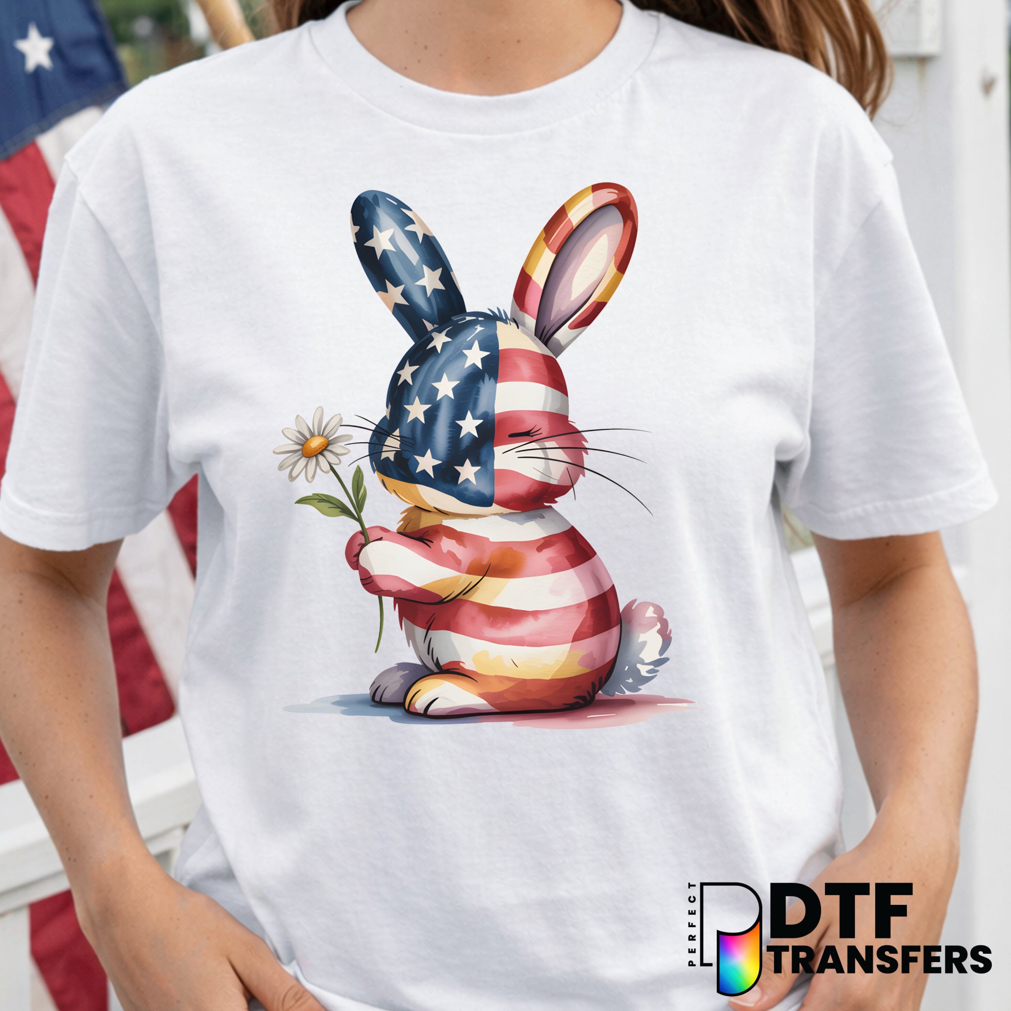 American Flag Bunny with Flower – Fourth of July DTF Transfer