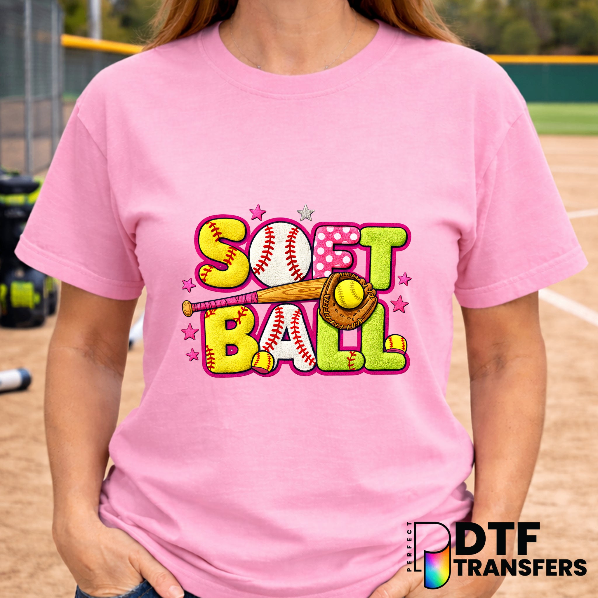 SOFTBALL Stacked Text with Distressed Ball and Pink Stars – Softball DTF Transfer