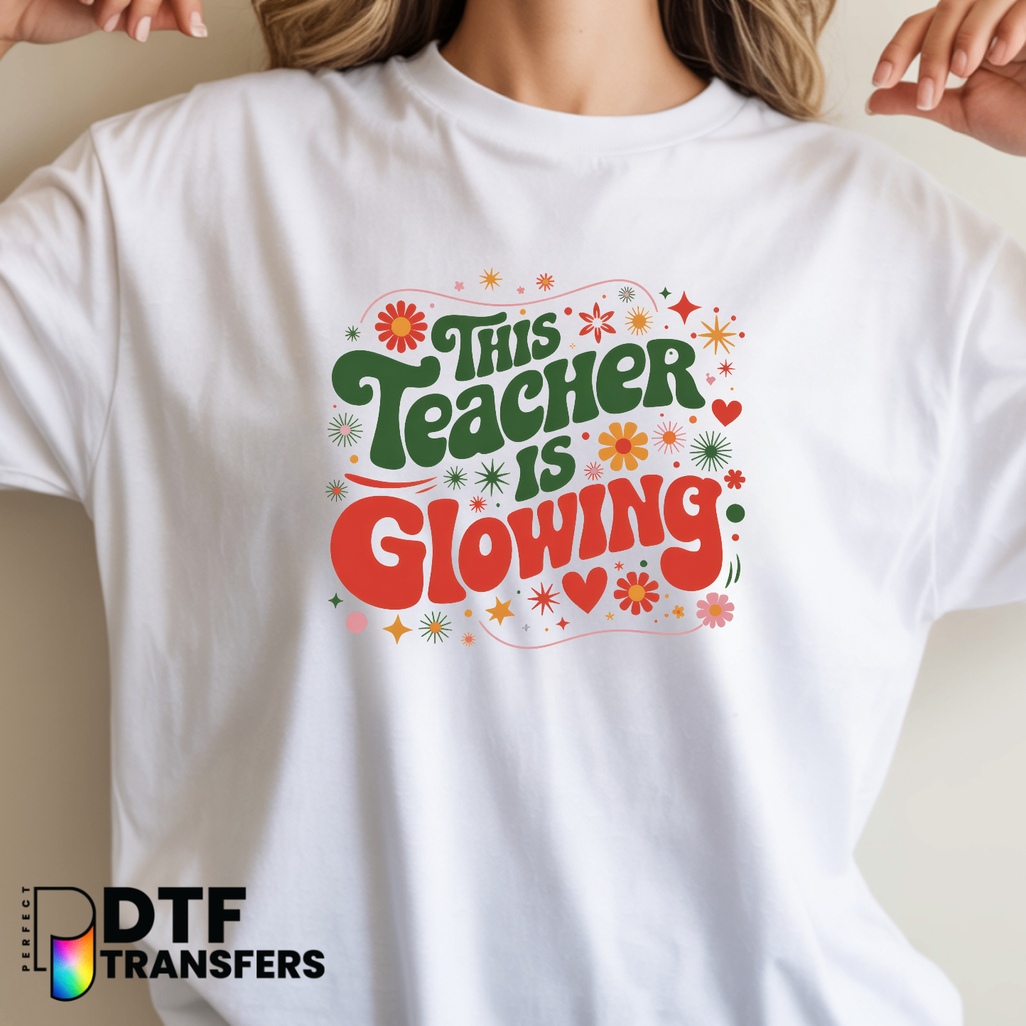 This Teacher Is Glowing – Teacher DTF Transfer with Sun and Floral Motif