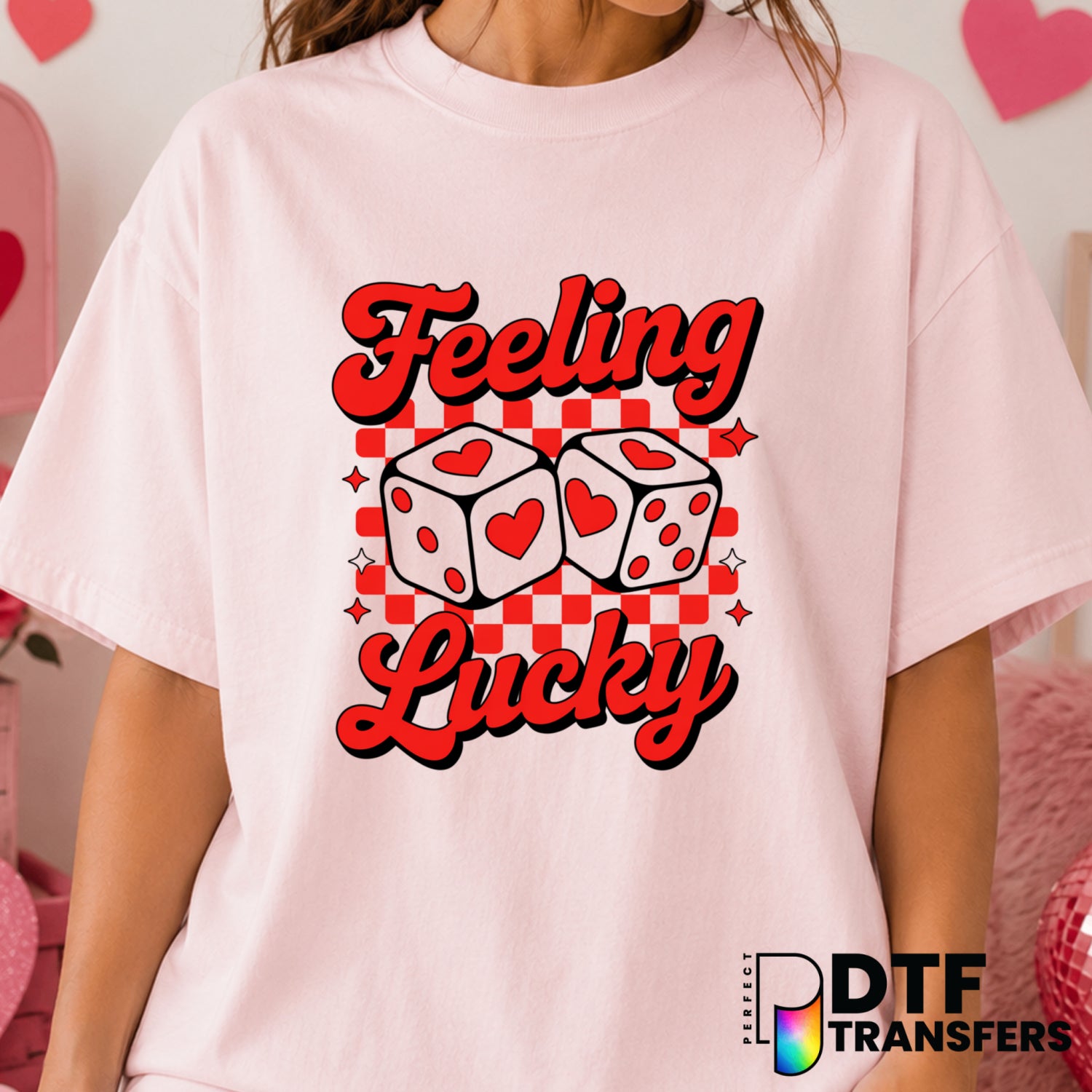 Feeling Lucky Retro Checkered Dice – Valentine's Day DTF Transfer (view 2 of 2) – by Perfect DTF Transfers – Premade DTF T...