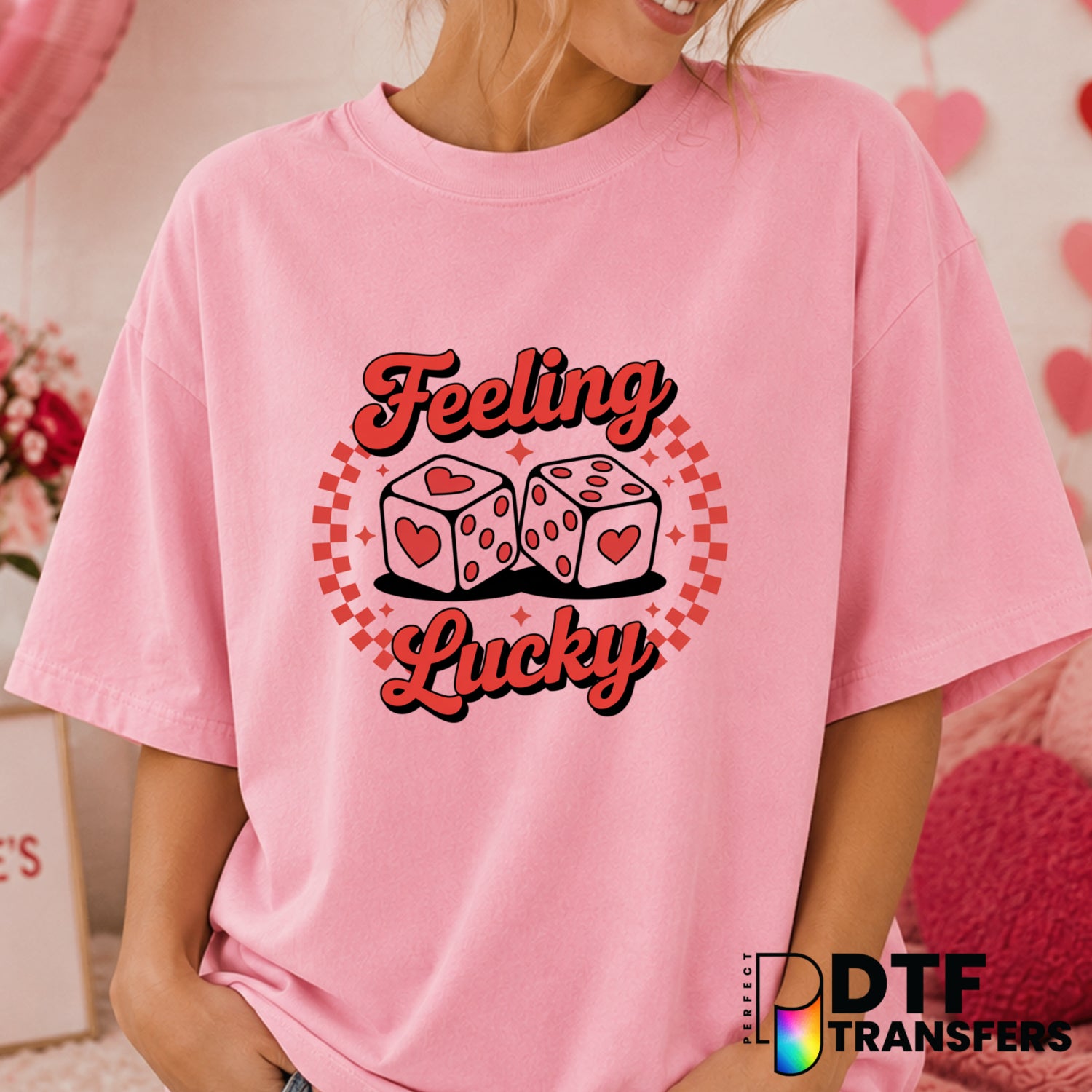 Feeling Lucky Retro Hearts Dice – Valentine's Day DTF Transfer (view 2 of 2) – by Perfect DTF Transfers – Premade DTF Tran...