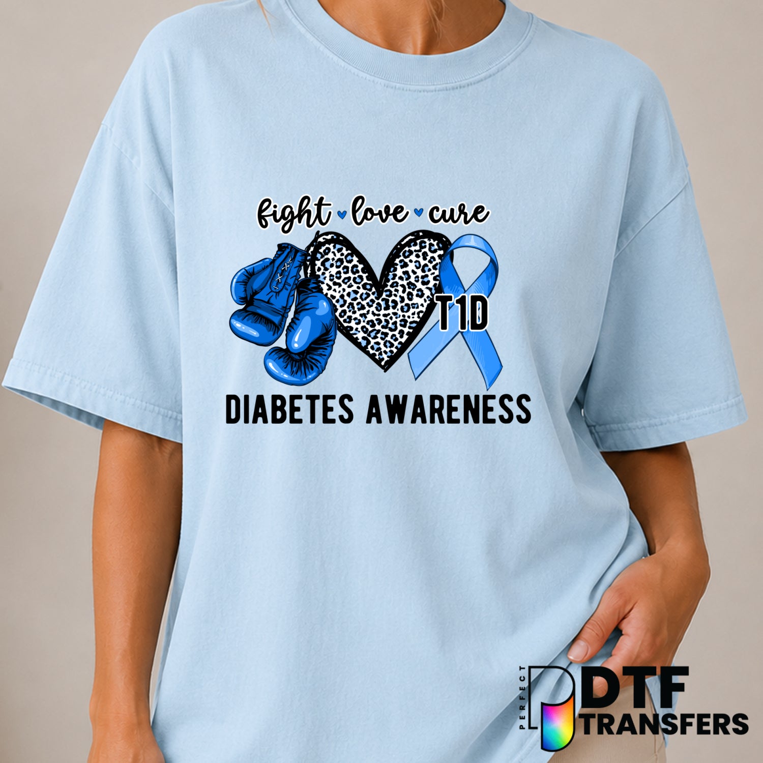 FIGHT LOVE CURE – Diabetes Awareness DTF Transfer (view 2 of 2) – by Perfect DTF Transfers – Premade DTF Transfers – Diabe...