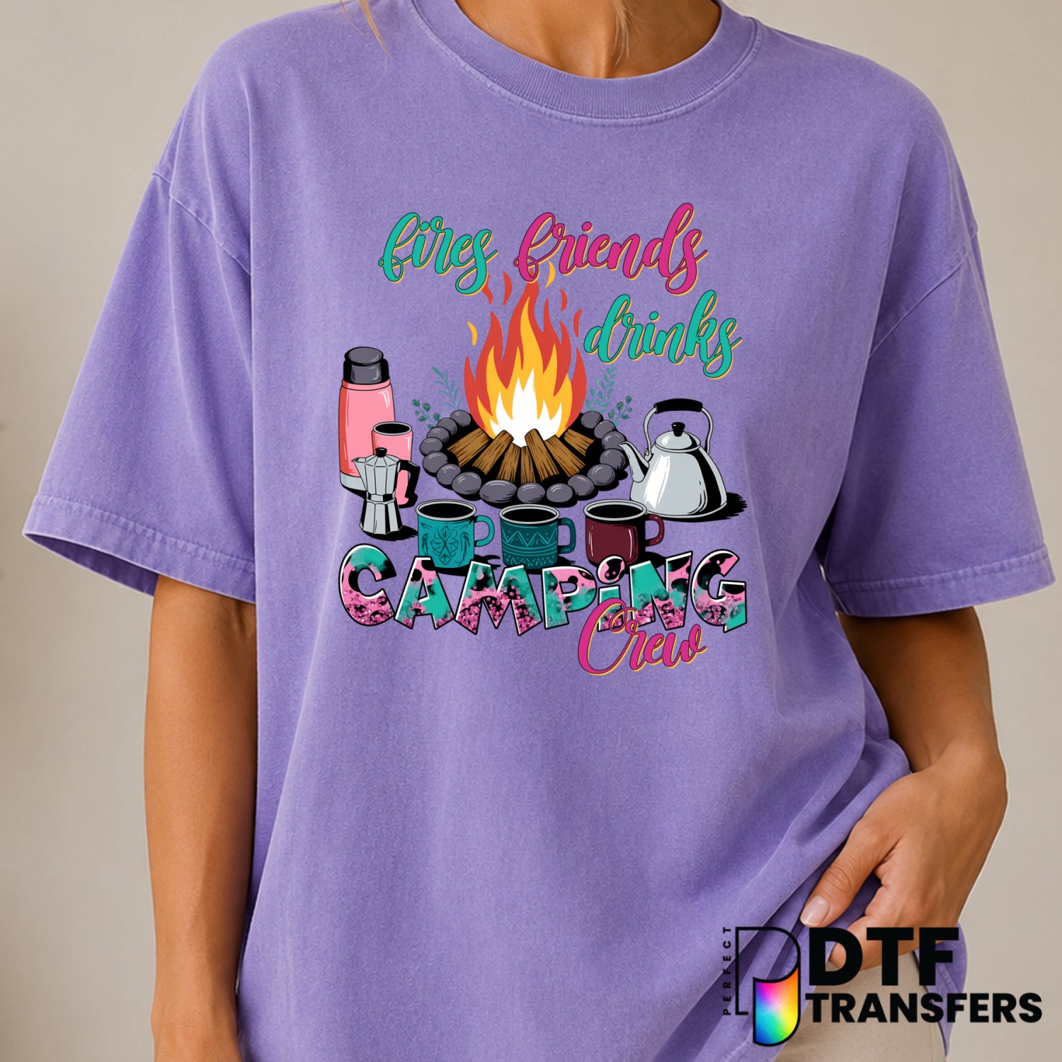 Fires Friends Drinks Camping Crew – Camping DTF Transfer (view 2 of 2) – by Perfect DTF Transfers – Premade DTF Transfers...