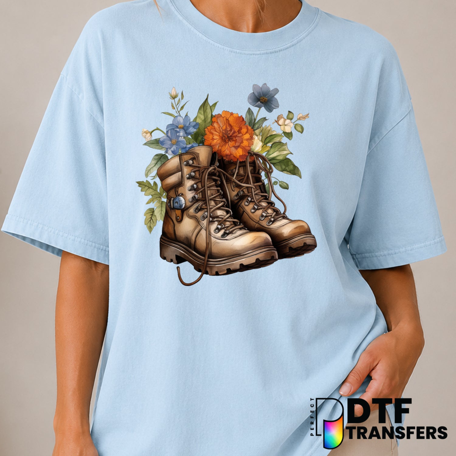 Floral Hiking Boots – Hiking DTF Transfer (view 1 of 2) – by Perfect DTF Transfers – Premade DTF Transfers – Hiking, Outdoor