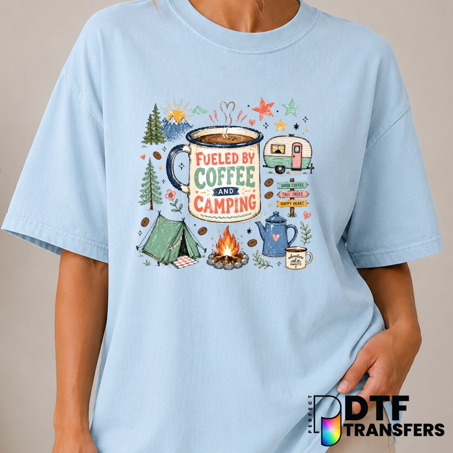 Fueled By Coffee and Camping – Camping DTF Transfer (view 1 of 2) – by Perfect DTF Transfers – Premade DTF Transfers – Cam...