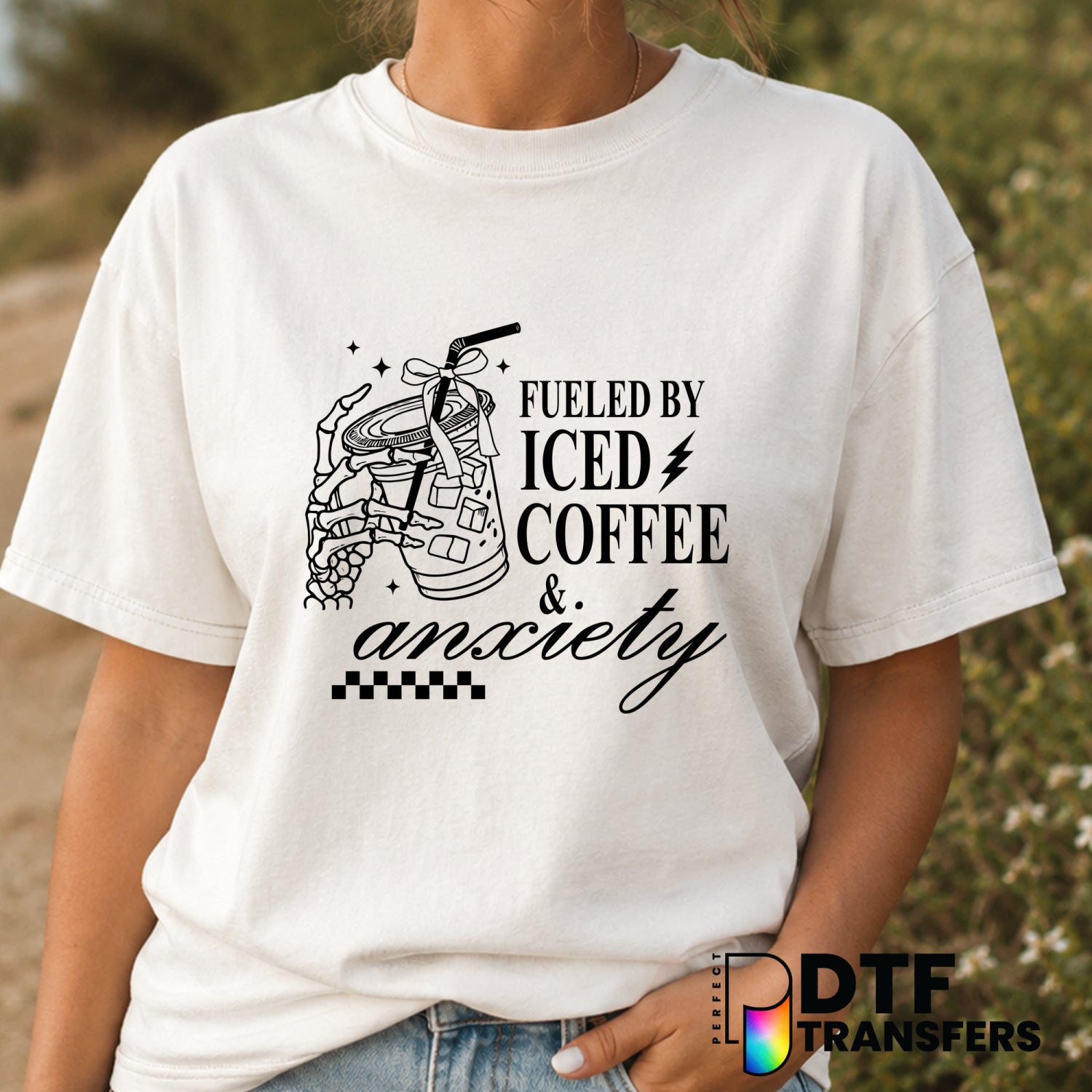 Fueled By Iced Coffee and Anxiety Skeleton Coquette Mother's Day DTF Transfer (view 2 of 2) – by Perfect DTF Transfers – P...