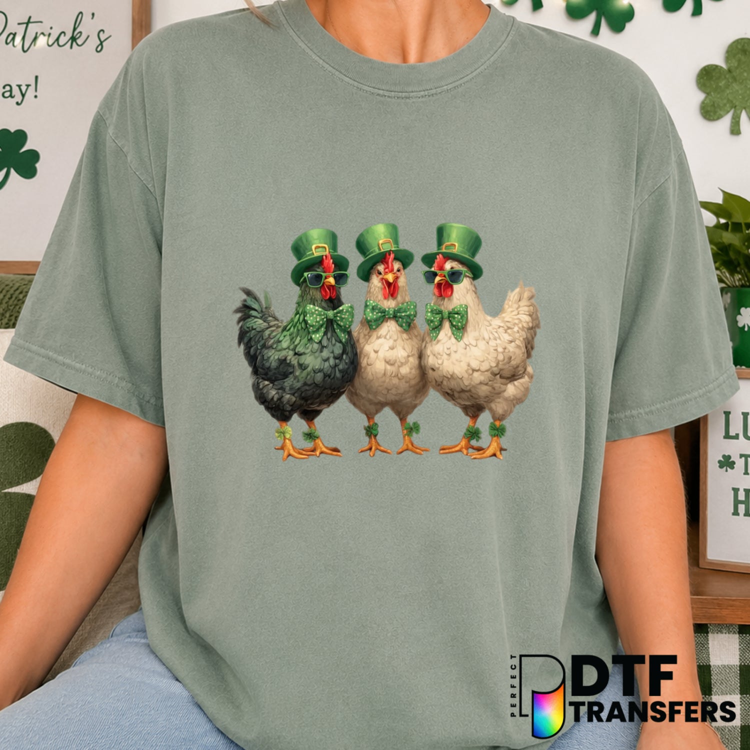 Funny Chicken with Shamrock – St. Patrick's Day DTF Transfer (view 1 of 2) – by Perfect DTF Transfers – Premade DTF Transf...