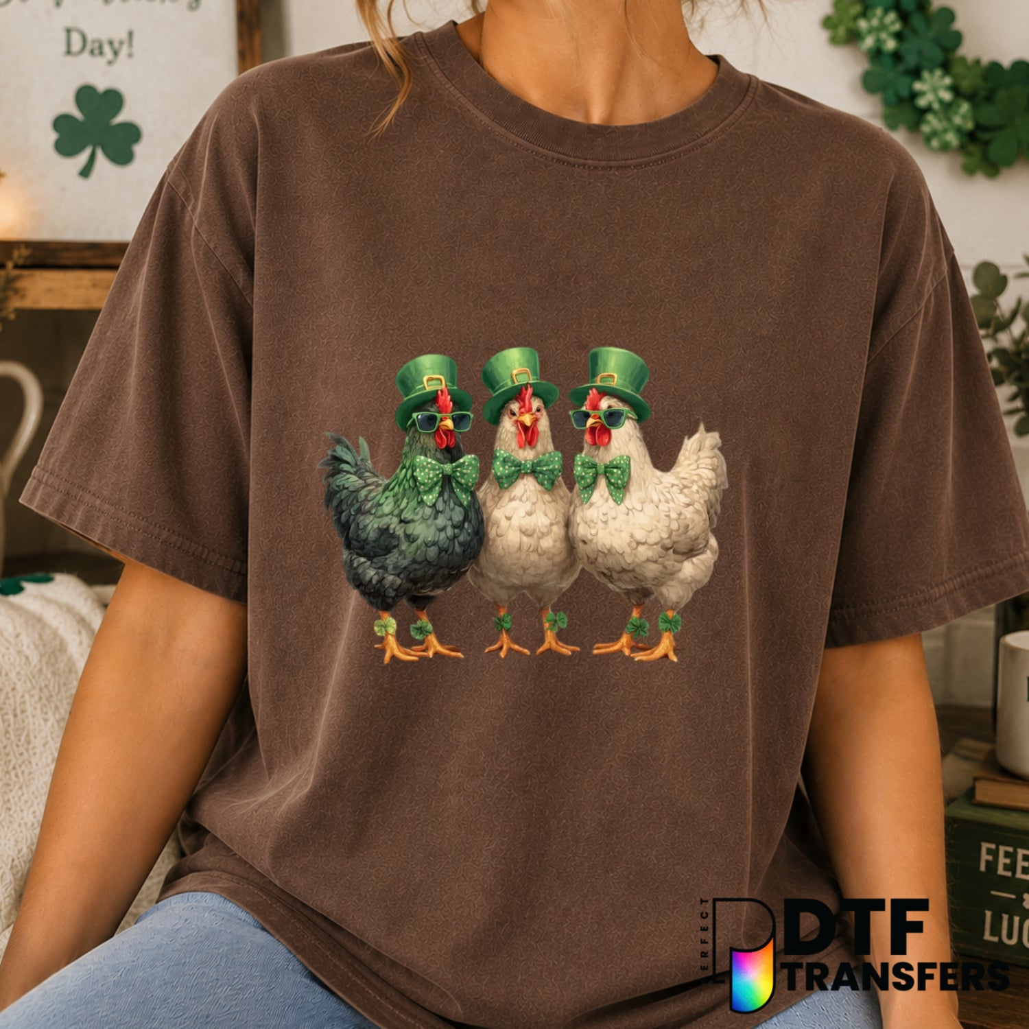 Funny Chicken with Shamrock – St. Patrick's Day DTF Transfer (view 2 of 2) – by Perfect DTF Transfers – Premade DTF Transf...