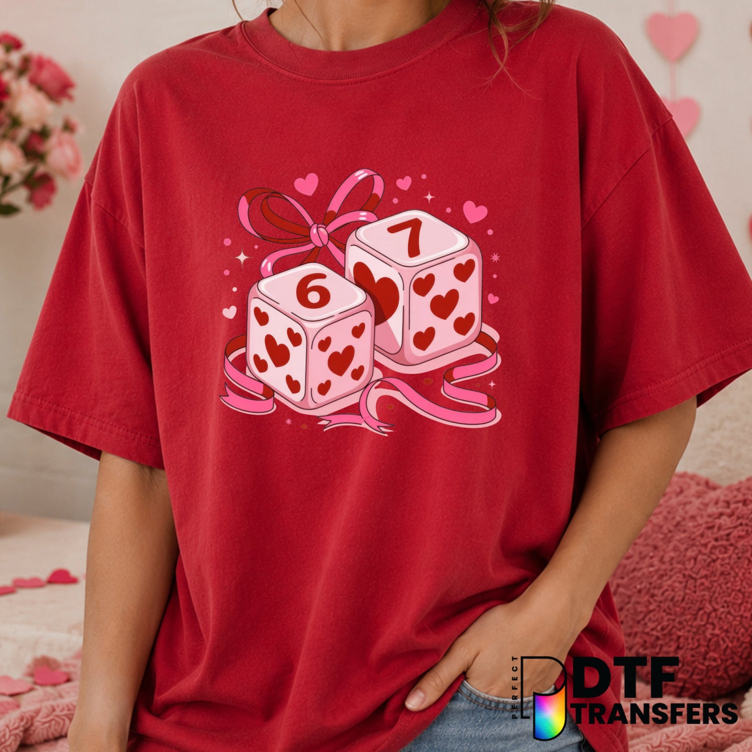 Funny Dice 67 Coquette Bow Hearts – Valentine's Day DTF Transfer (view 2 of 2) – by Perfect DTF Transfers – Premade DTF Tr...