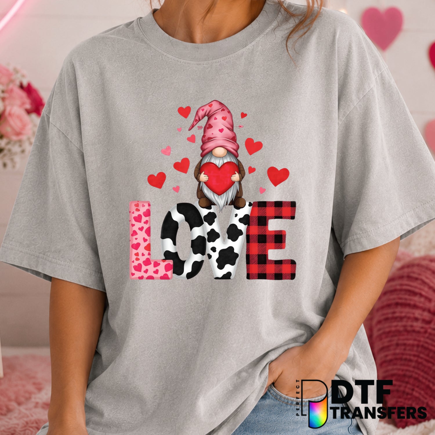 Gnome Holding Heart LOVE – Valentine's Day DTF Transfer (view 1 of 2) – by Perfect DTF Transfers – Premade DTF Transfers –...