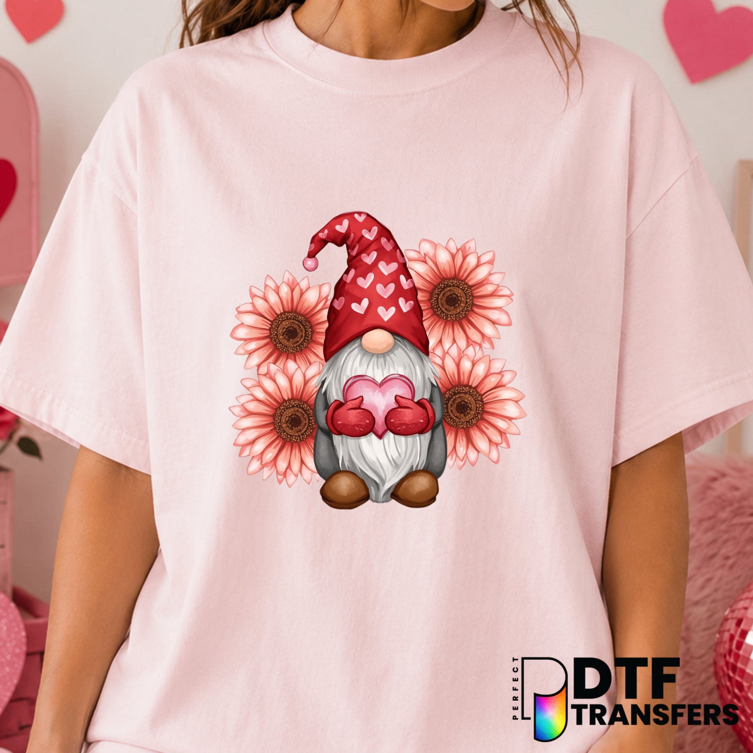 Gnome Holding Heart Pink Sunflowers – Valentine's Day DTF Transfer (view 2 of 2) – by Perfect DTF Transfers – Premade DTF...