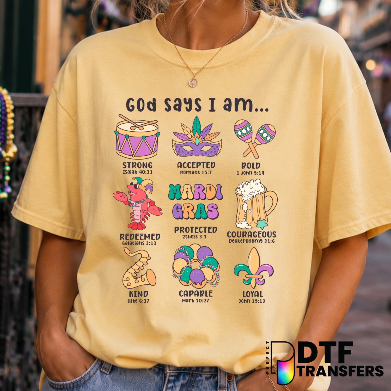 God Says I Am Religious Mardi Gras Stacked Grunge – Mardi Gras DTF Transfer (view 1 of 2) – by Perfect DTF Transfers – Pre...