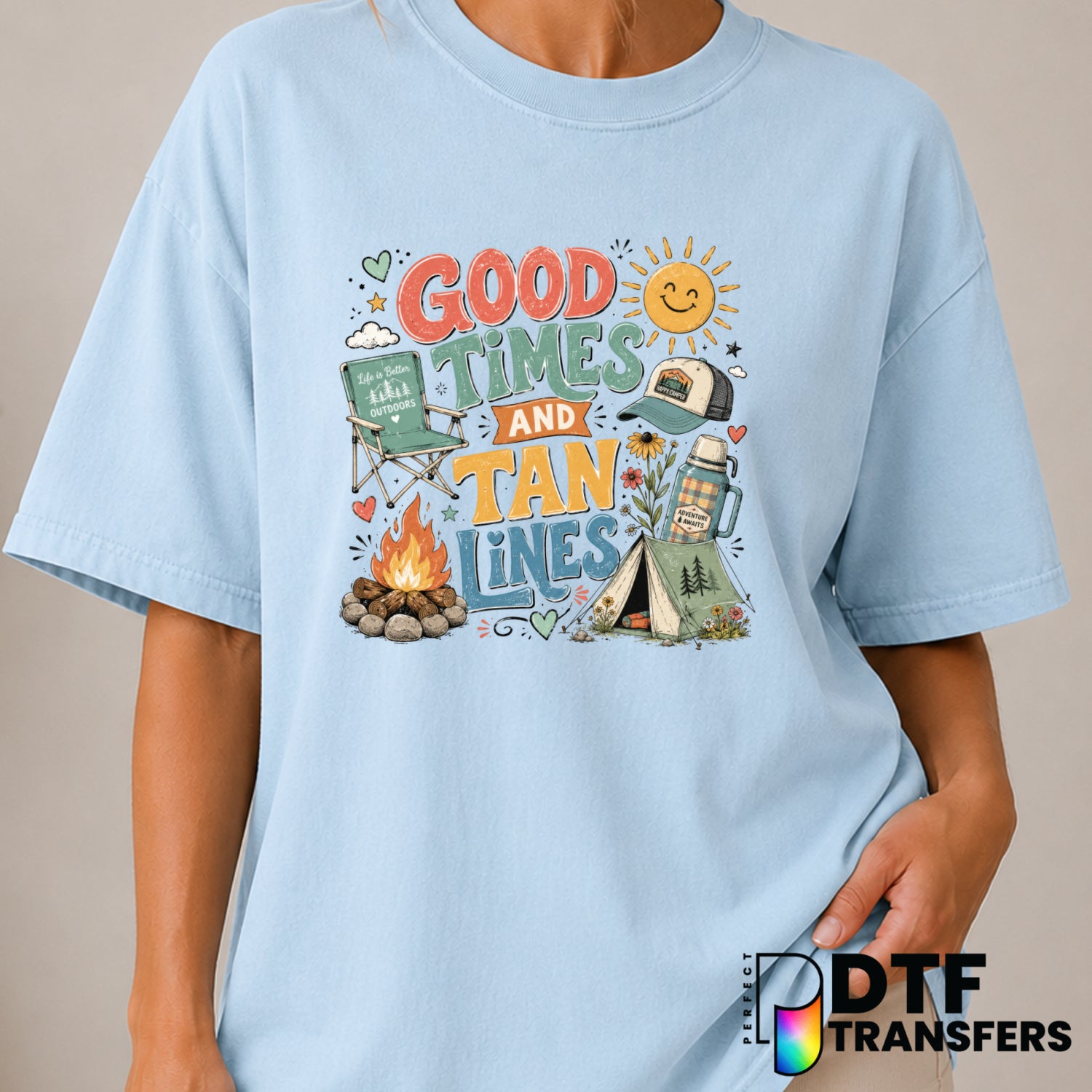 Good Times And Tan Lines – Camping DTF Transfer (view 1 of 2) – by Perfect DTF Transfers – Premade DTF Transfers – Camping...
