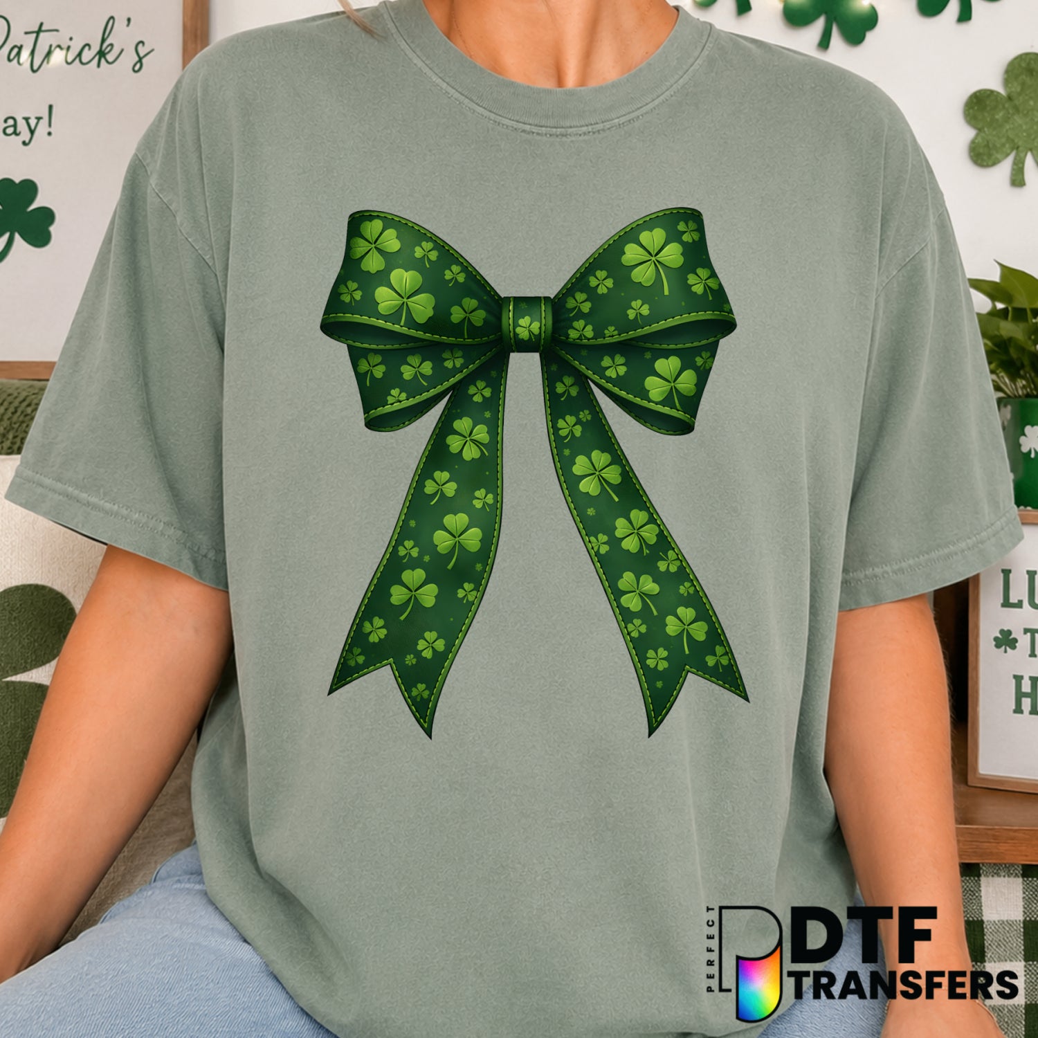 Green Bow with Clovers – St. Patrick's Day DTF Transfer (view 2 of 2) – by Perfect DTF Transfers – Premade DTF Transfers –...