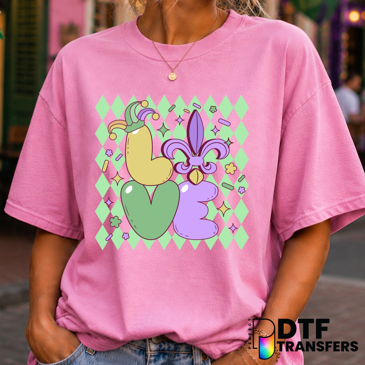 Green Checkered LOVE Bubble Letters – Mardi Gras DTF Transfer (view 2 of 2) – by Perfect DTF Transfers – Premade DTF Trans...