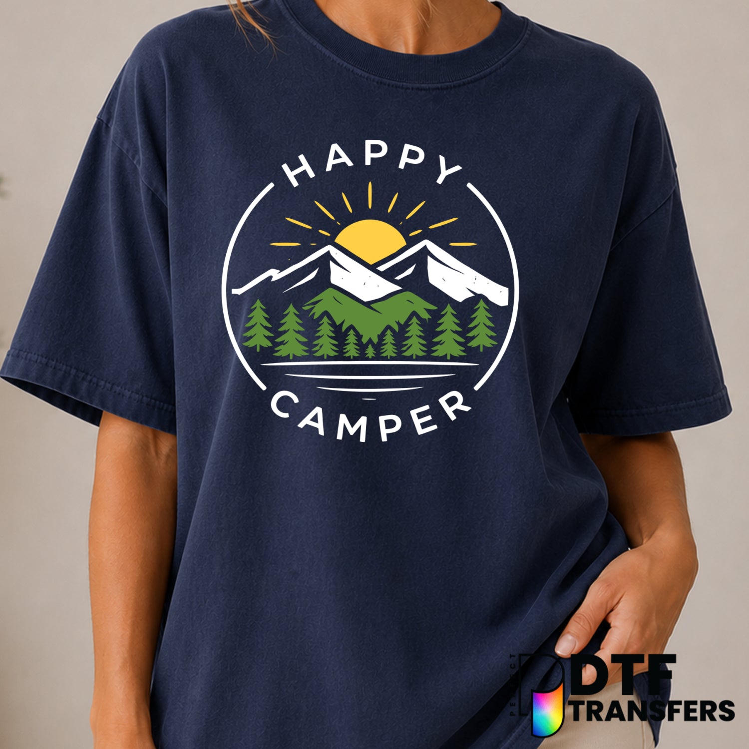 Happy Camper – Camping DTF Transfer (view 1 of 2) – by Perfect DTF Transfers – Premade DTF Transfers – Camping, Outdoor