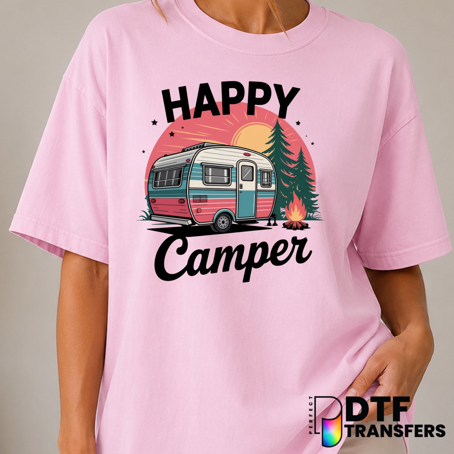 HAPPY CAMPER – Camping DTF Transfer (view 1 of 2) – by Perfect DTF Transfers – Premade DTF Transfers – Camping, Outdoor
