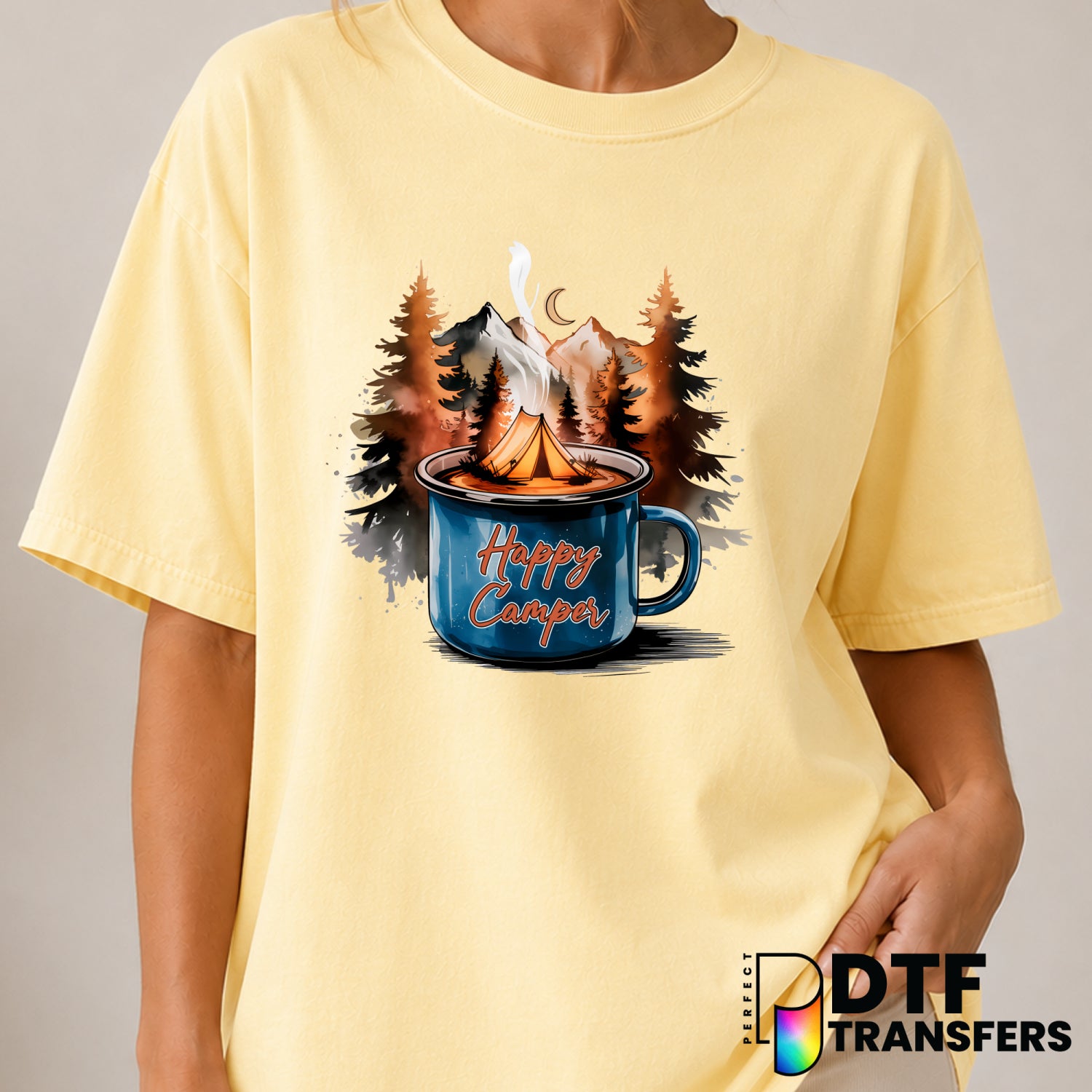 Happy Camper Coffee Lover – Camping DTF Transfer (view 1 of 2) – by Perfect DTF Transfers – Premade DTF Transfers – Campin...