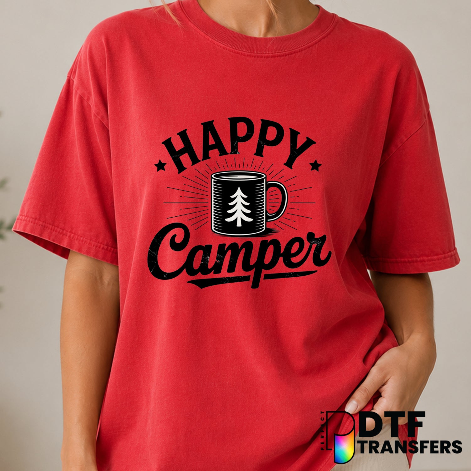 Happy Camper Coffee Lover – Camping DTF Transfer (view 1 of 2) – by Perfect DTF Transfers – Premade DTF Transfers – Campin...