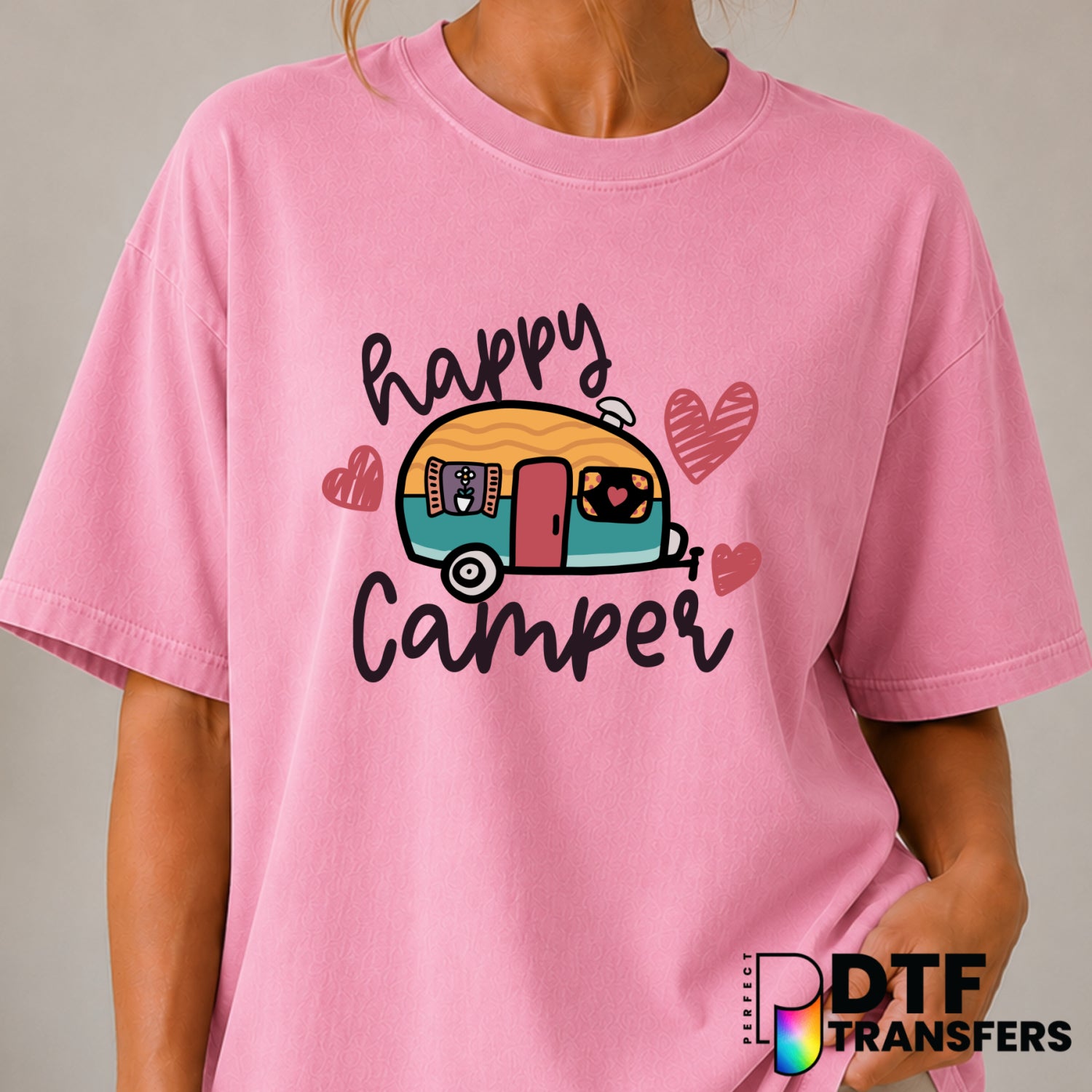 Happy Camper Retro RV Heart – Camping DTF Transfer (view 2 of 2) – by Perfect DTF Transfers – Premade DTF Transfers – Camp...