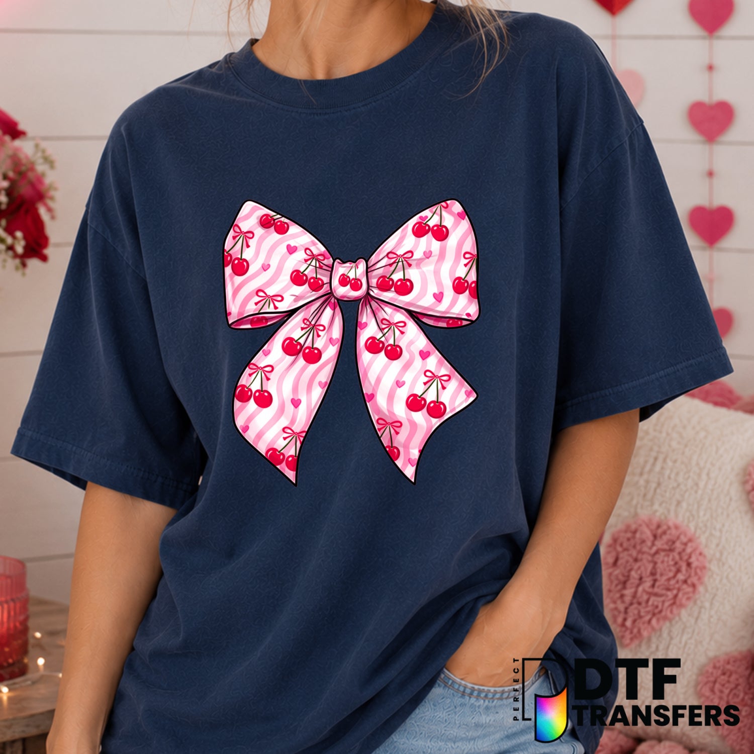 Happy Valentine's Day Bow & Cherries DTF Transfer (view 1 of 2) – by Perfect DTF Transfers – Premade DTF Transfers – Valen...