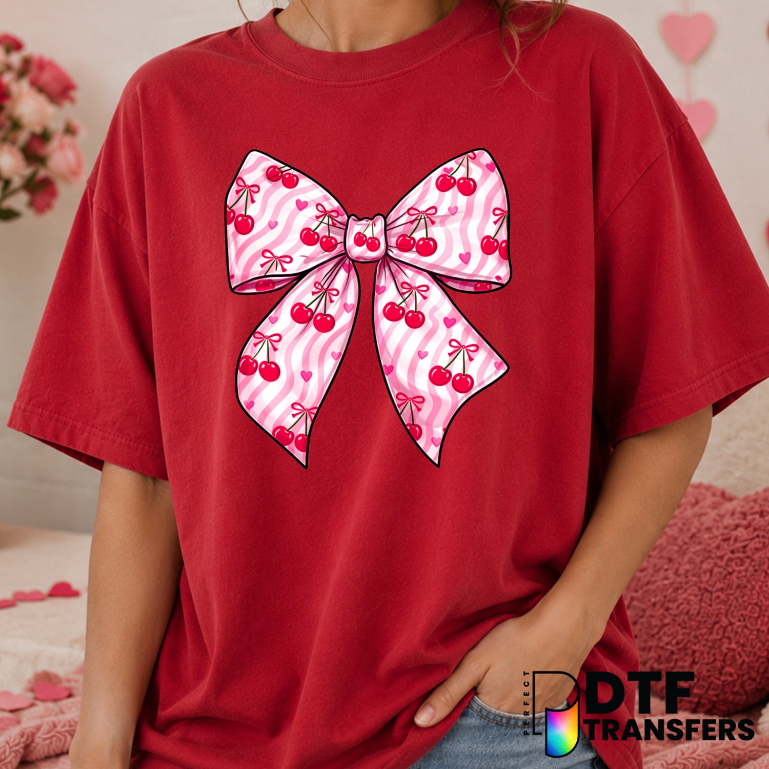 Happy Valentine's Day Bow & Cherries DTF Transfer (view 2 of 2) – by Perfect DTF Transfers – Premade DTF Transfers – Valen...