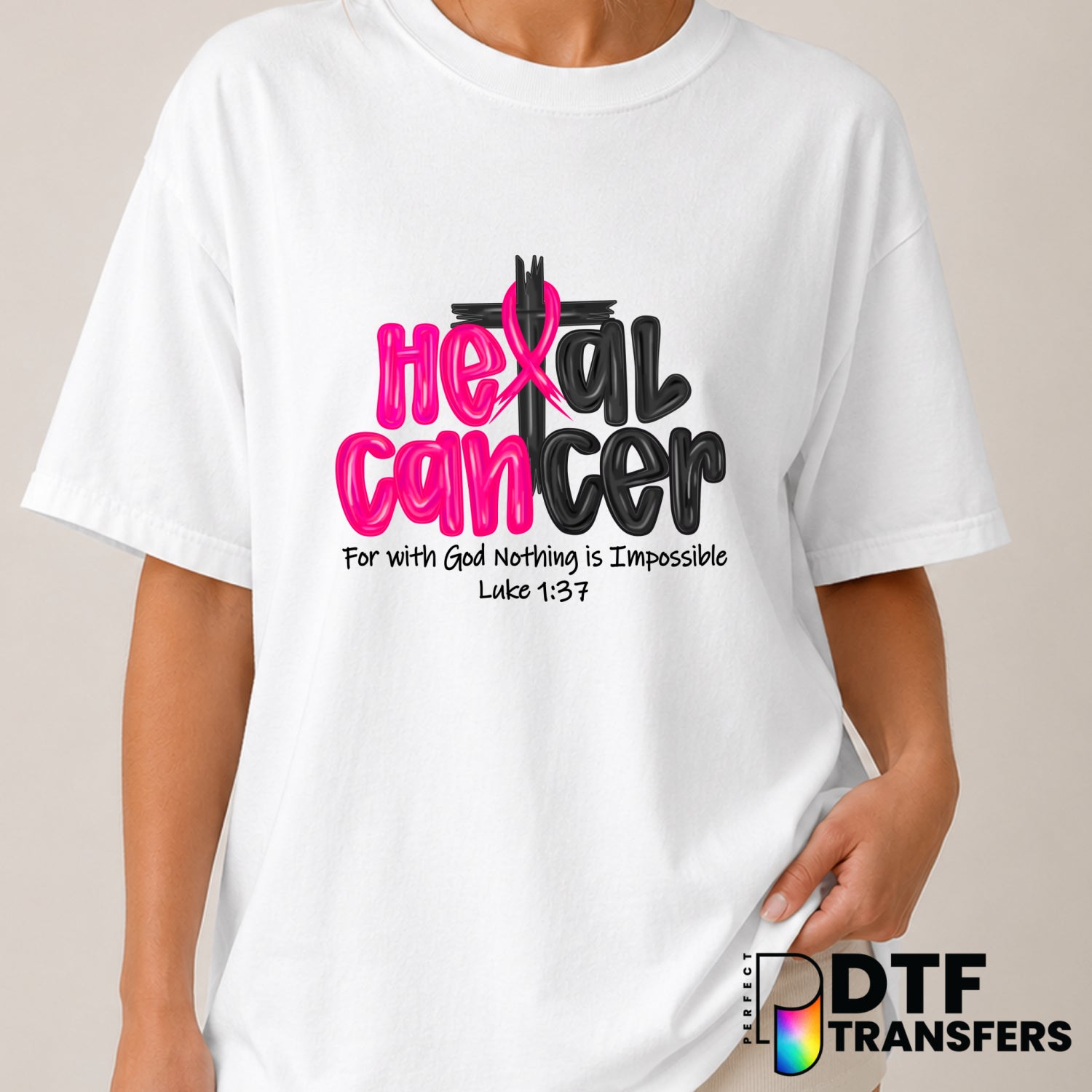 Heal Breast Cancer Luke 1:37 – Cancer Awareness DTF Transfer (view 2 of 2) – by Perfect DTF Transfers – Premade DTF Transf...