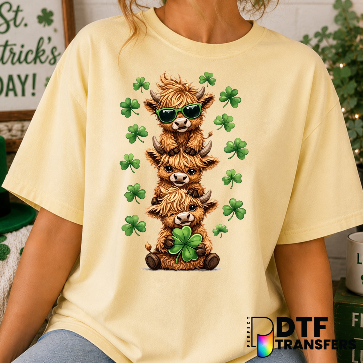 Highland Cow Clover – St. Patrick's Day DTF Transfer (view 1 of 2) – by Perfect DTF Transfers – Premade DTF Transfers – St...