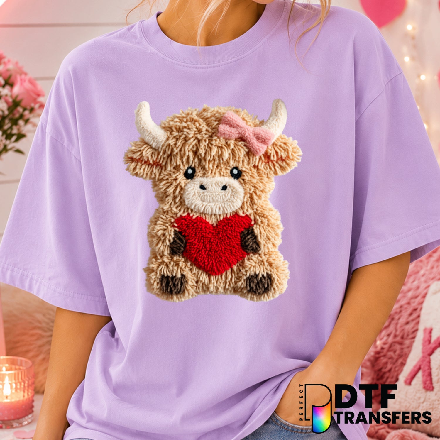 Highland Cow Heart – Valentine's Day DTF Transfer (view 2 of 2) – by Perfect DTF Transfers – Premade DTF Transfers – Valen...