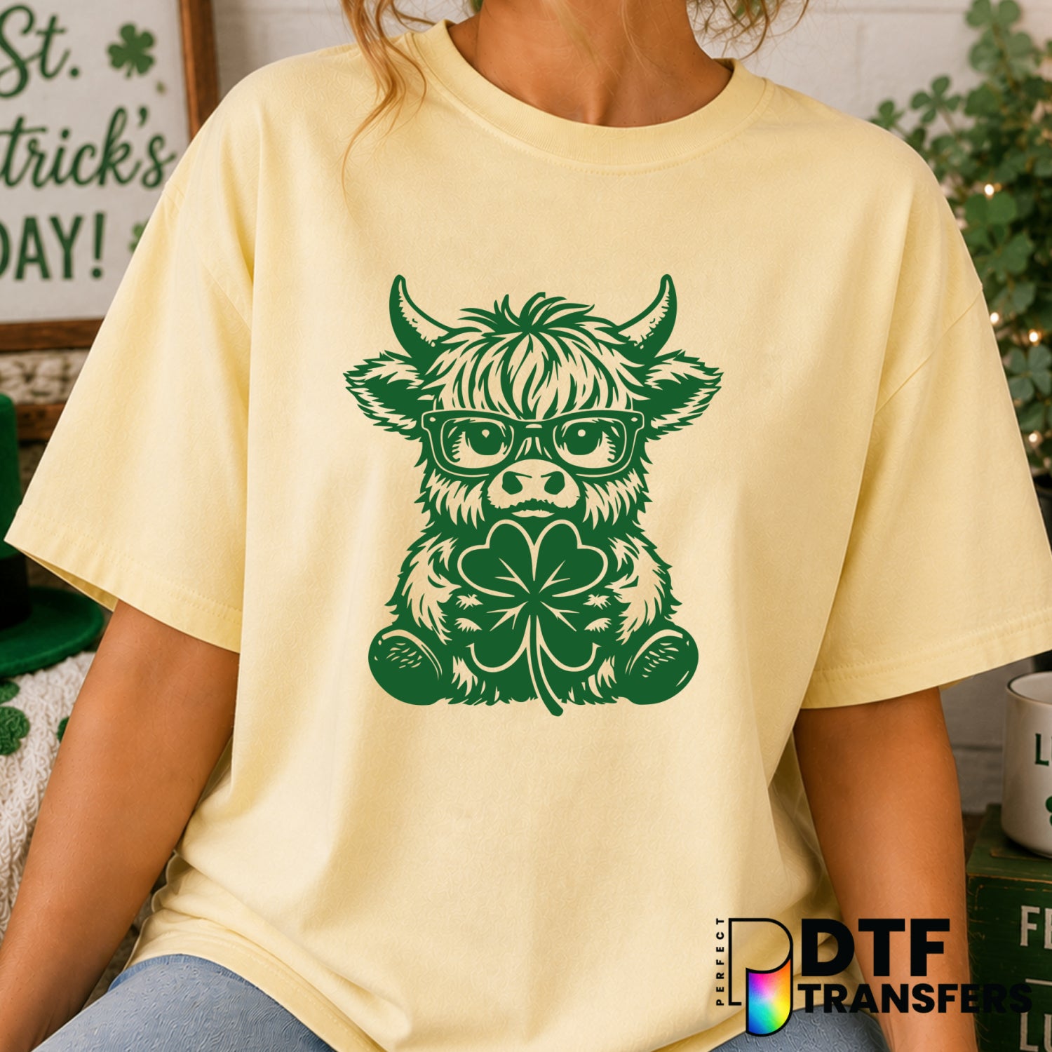 Highland Cow Shamrock – St. Patrick's Day DTF Transfer (view 2 of 2) – by Perfect DTF Transfers – Premade DTF Transfers –...