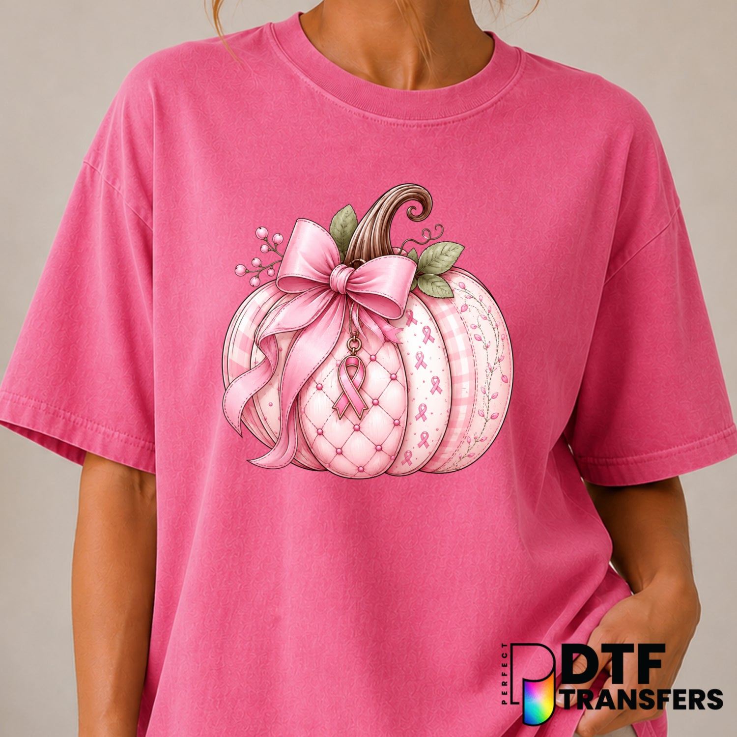 Hope Pink Pumpkin Ribbon – Cancer Awareness DTF Transfer (view 1 of 2) – by Perfect DTF Transfers – Premade DTF Transfers...
