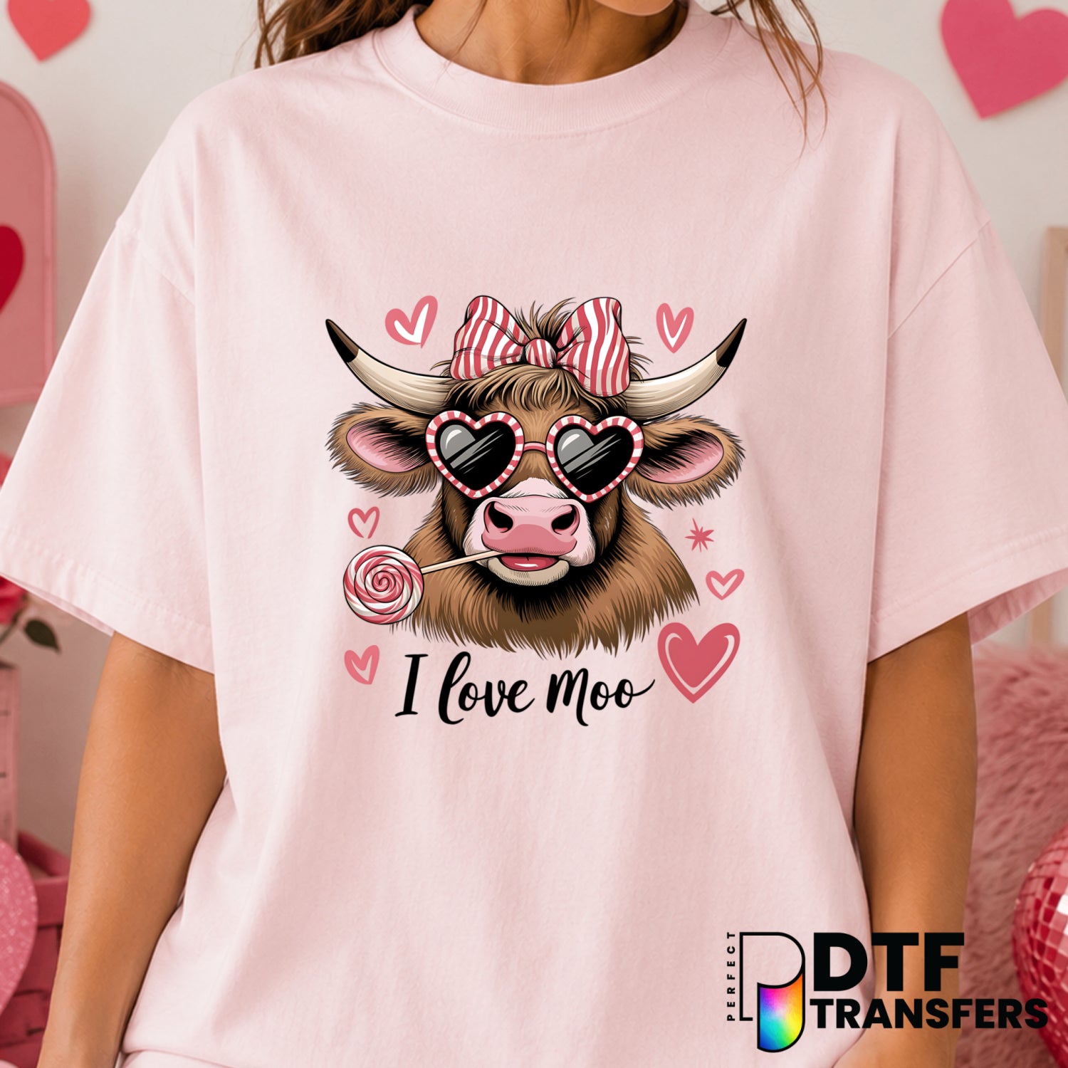 I Love Moo Highland Cow – Valentine's Day DTF Transfer (view 1 of 2) – by Perfect DTF Transfers – Premade DTF Transfers –...