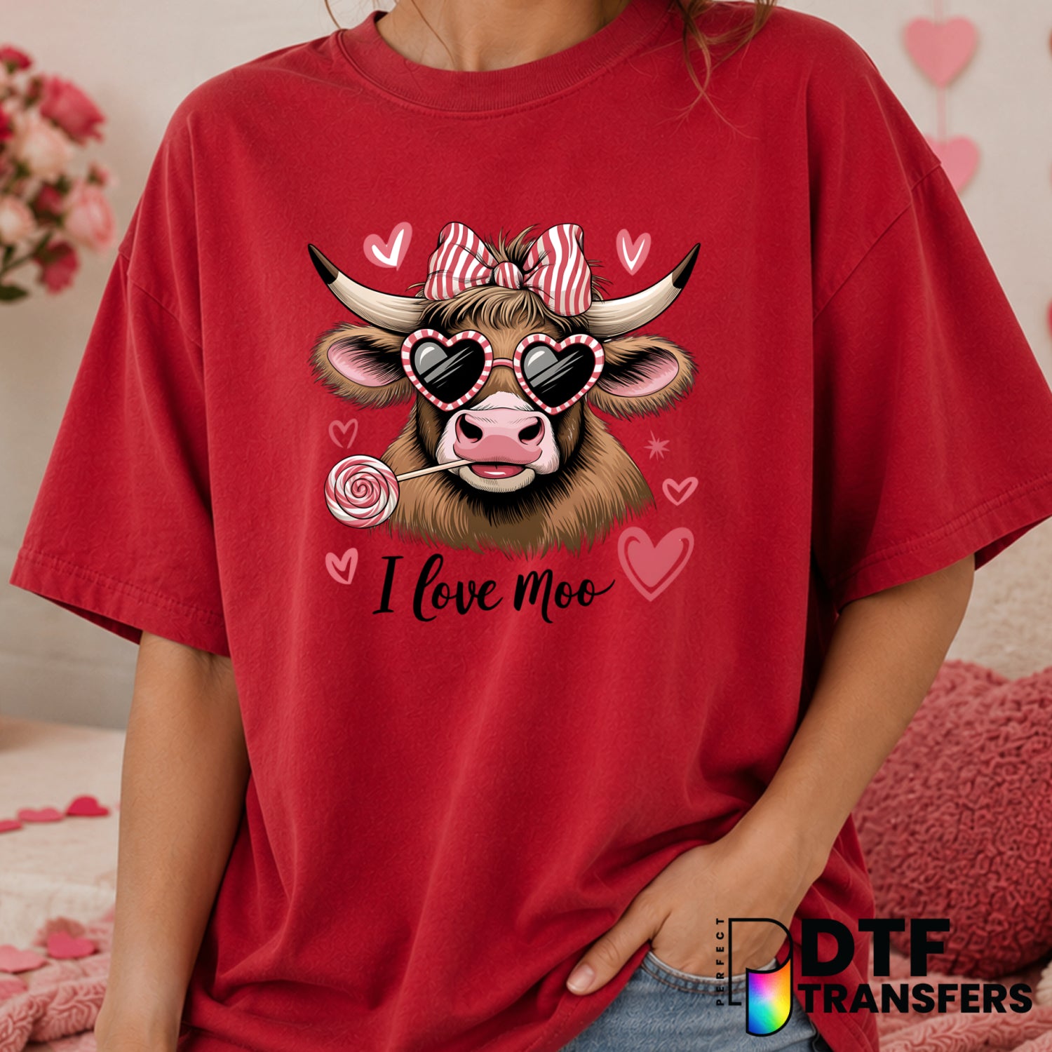 I Love Moo Highland Cow – Valentine's Day DTF Transfer (view 2 of 2) – by Perfect DTF Transfers – Premade DTF Transfers –...