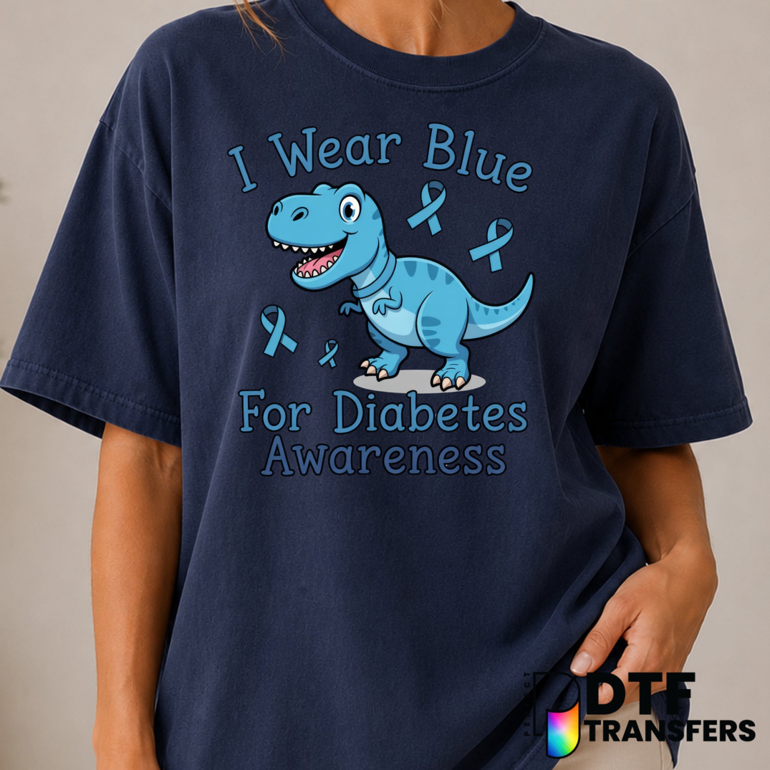 I Wear Blue for Diabetes Awareness Dinosaur – DTF Transfer (view 2 of 2) – by Perfect DTF Transfers – Premade DTF Transfer...