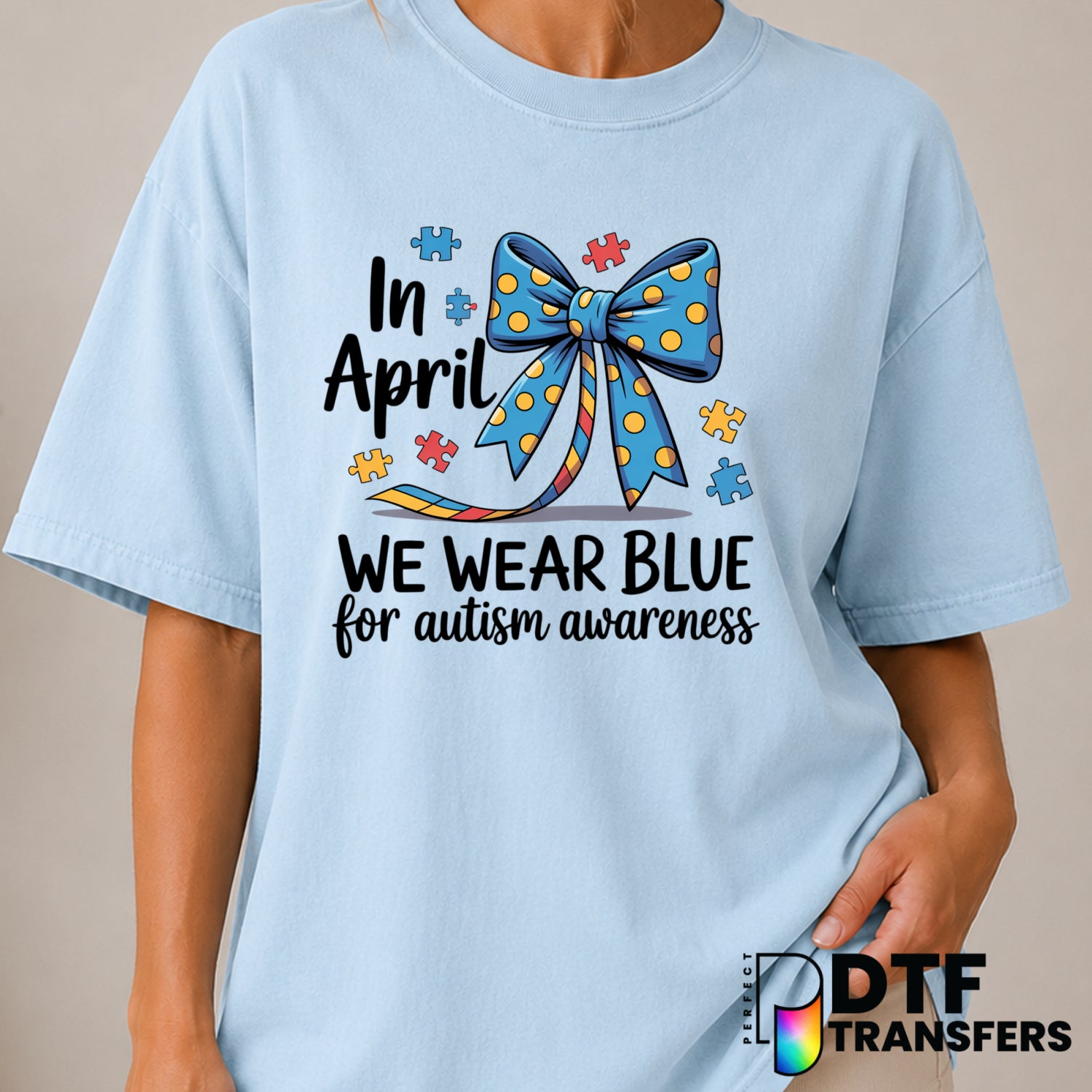 In April We Wear Blue Coquette – Autism Awareness DTF Transfer (view 1 of 2) – by Perfect DTF Transfers – Premade DTF Tran...
