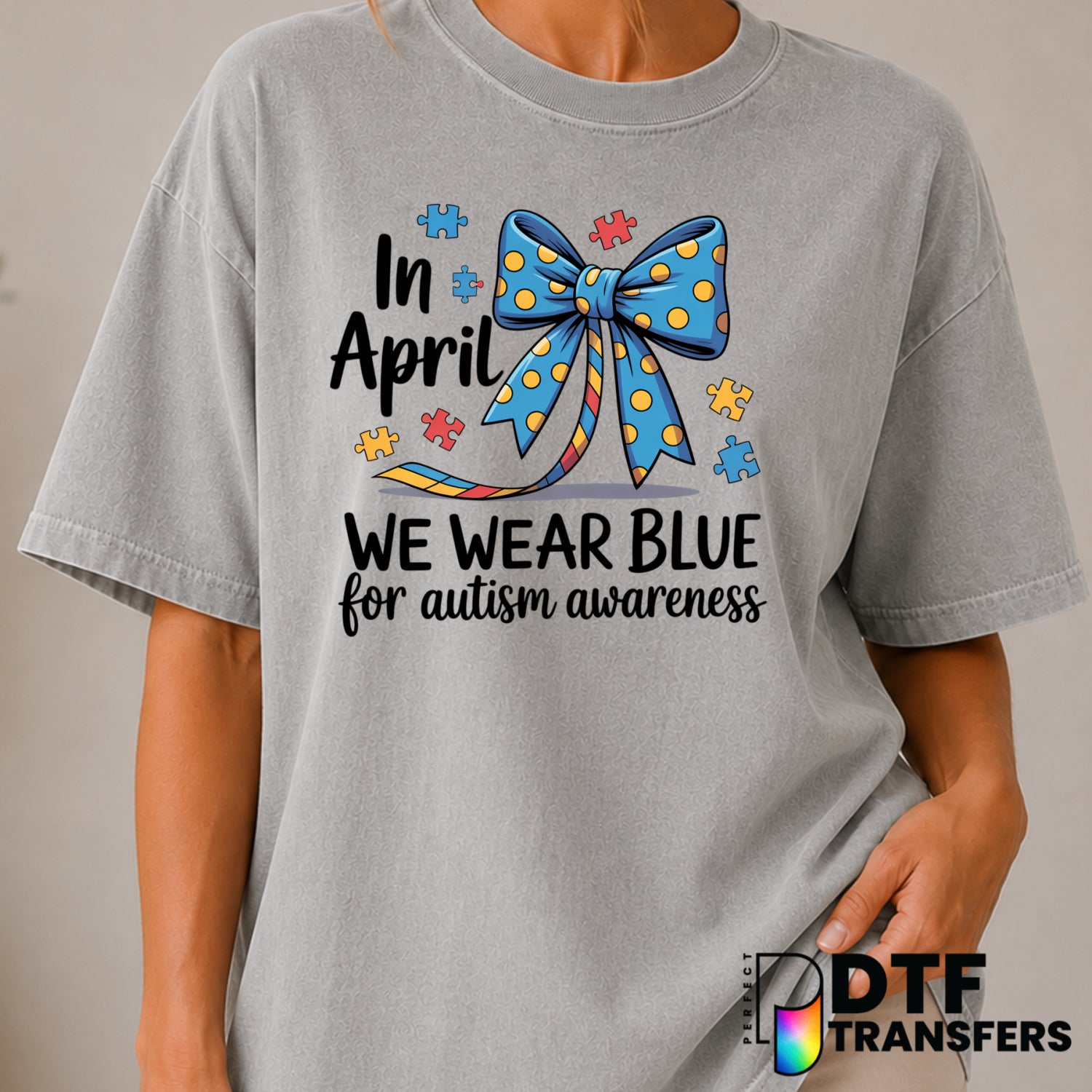 In April We Wear Blue Coquette – Autism Awareness DTF Transfer (view 2 of 2) – by Perfect DTF Transfers – Premade DTF Tran...