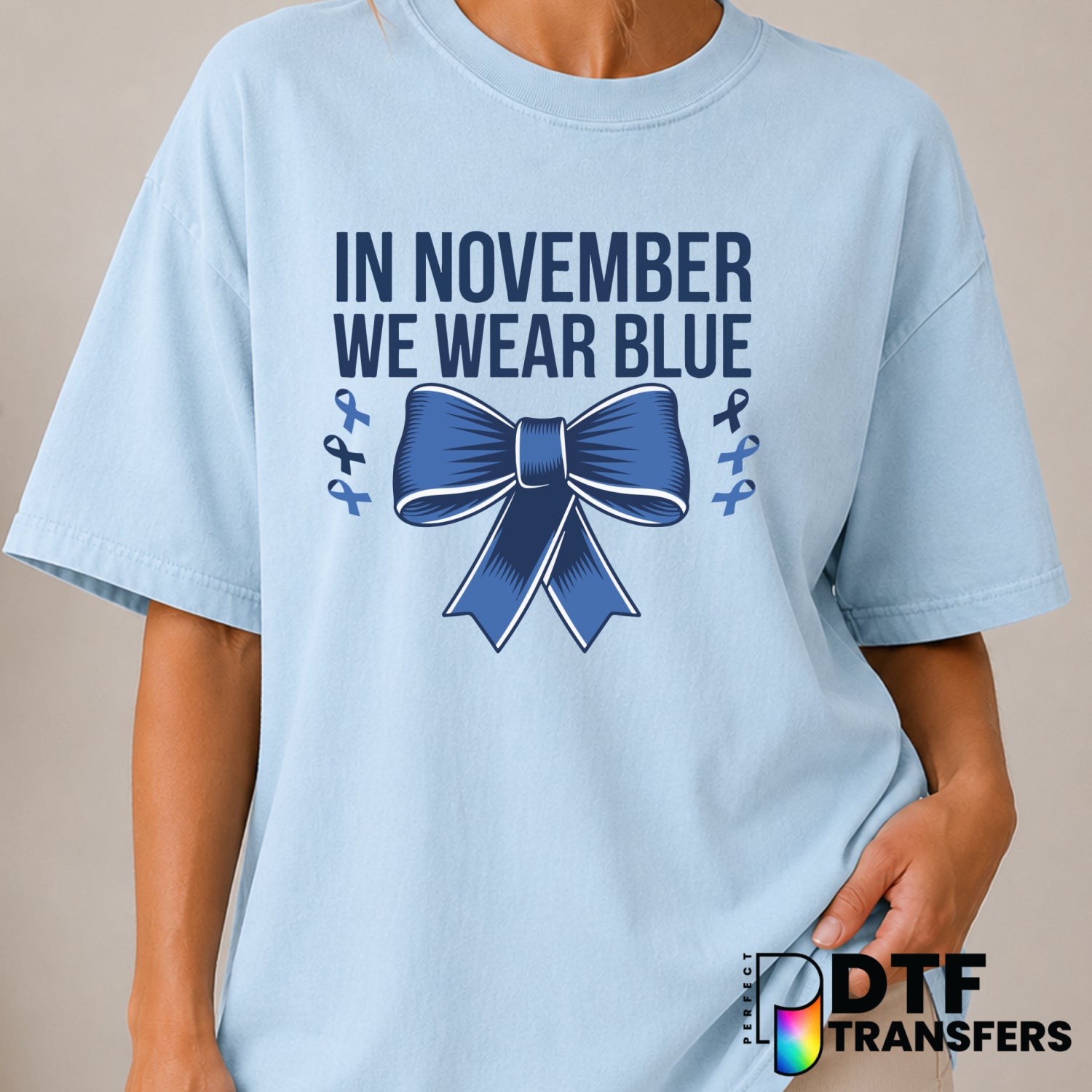In November We Wear Blue Coquette Bow – Diabetes Awareness DTF Transfer (view 1 of 2) – by Perfect DTF Transfers – Premade...