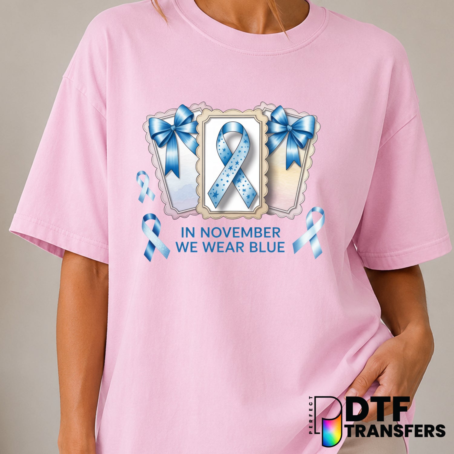 In November We Wear Blue Coquette Ribbon Bows – Diabetes Awareness DTF Transfer (view 2 of 2) – by Perfect DTF Transfers –...