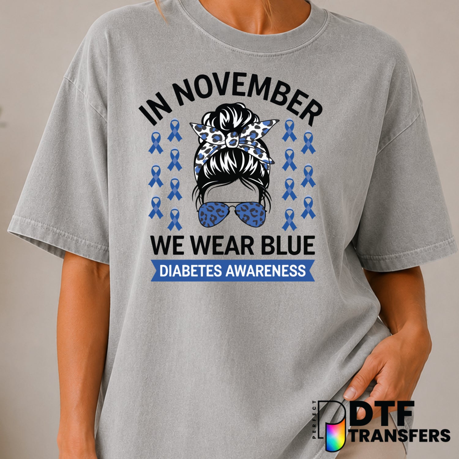 In November We Wear Blue Diabetes Awareness Messy Bun Leopard Mom – DTF Transfer (view 1 of 2) – by Perfect DTF Transfers...