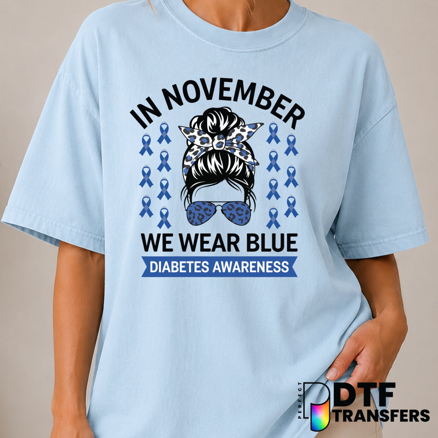 In November We Wear Blue Diabetes Awareness Messy Bun Leopard Mom – DTF Transfer (view 2 of 2) – by Perfect DTF Transfers...