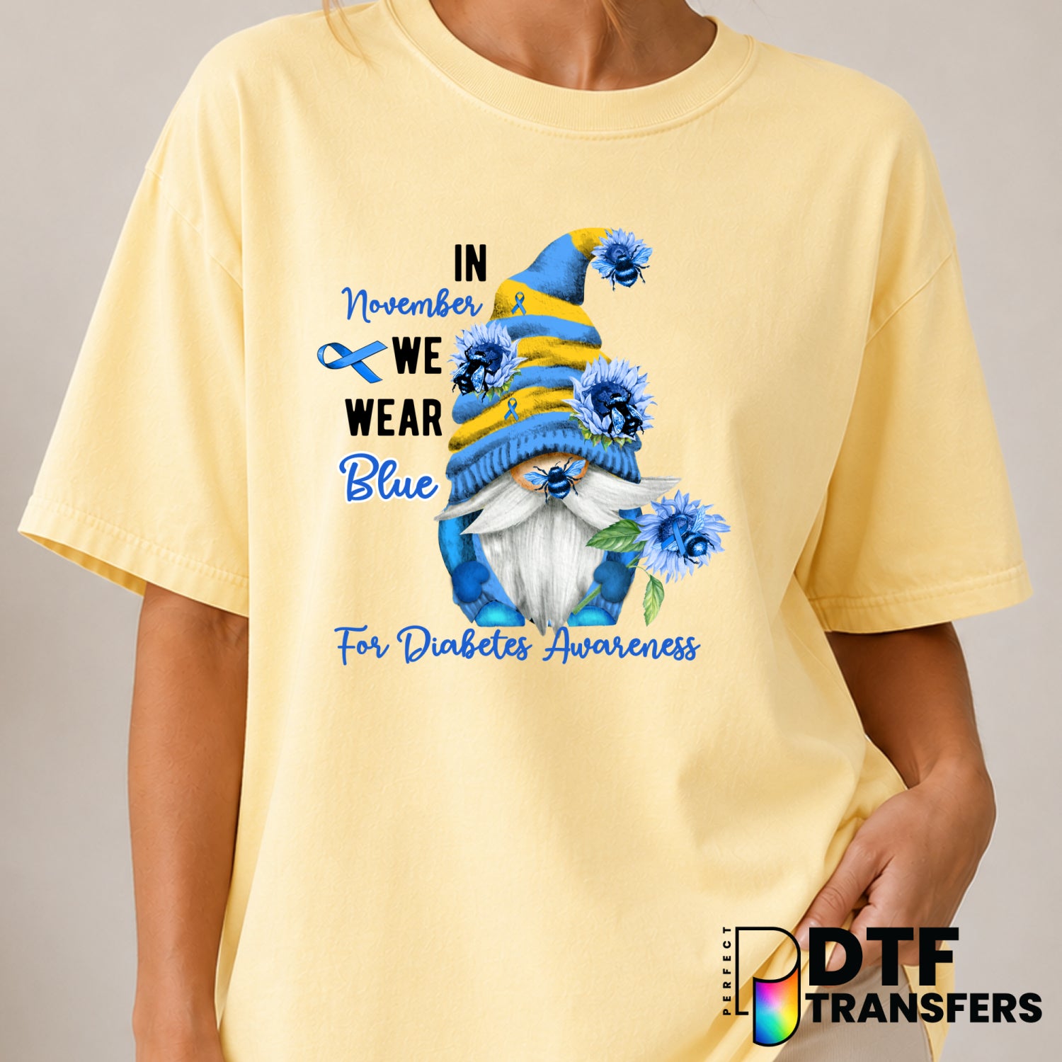 In November We Wear Blue Gnome Floral – Diabetes Awareness DTF Transfer (view 2 of 2) – by Perfect DTF Transfers – Premade...
