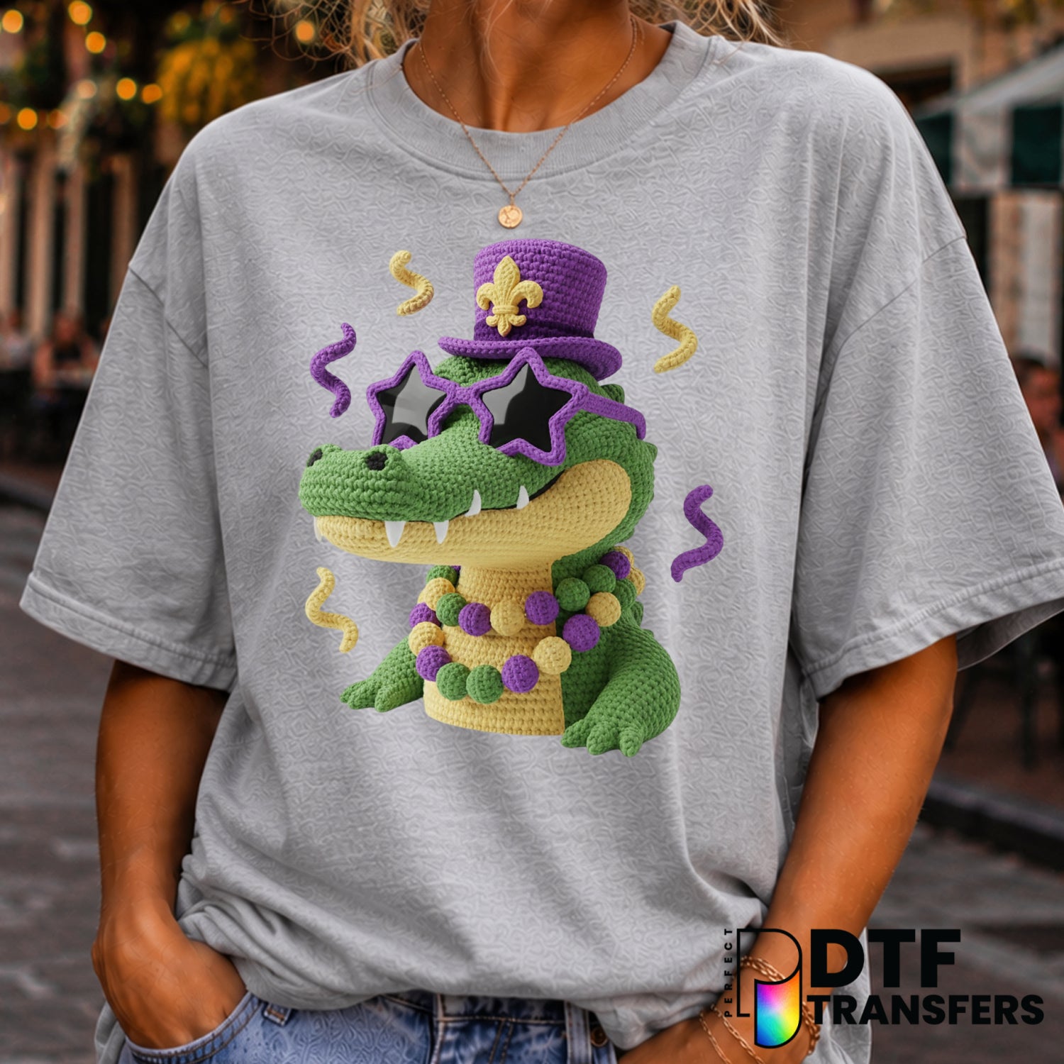 Jester Alligator with Beads – Mardi Gras DTF Transfer (view 2 of 2) – by Perfect DTF Transfers – Premade DTF Transfers – M...