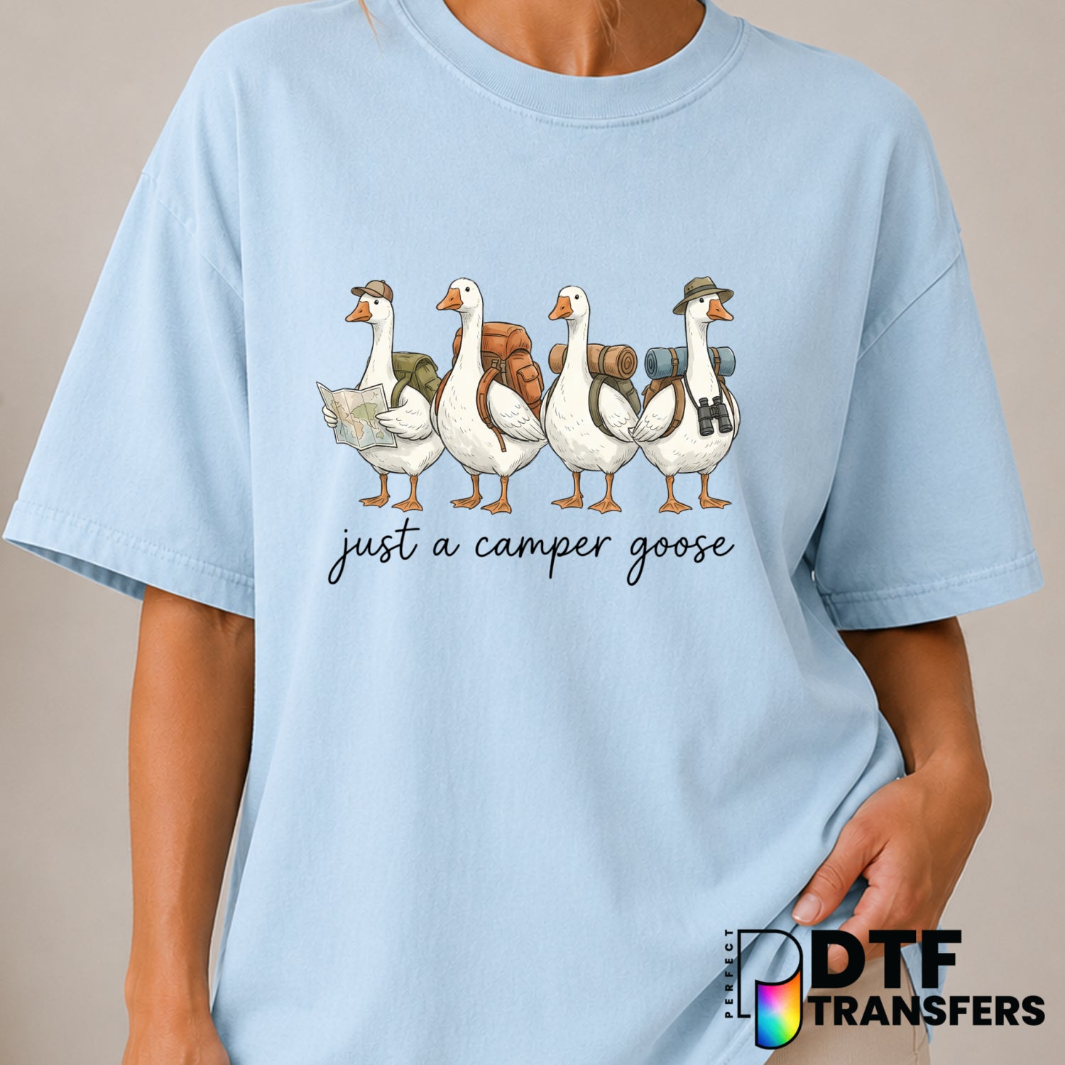 Just a camper who loves geese – Camping DTF Transfer (view 2 of 2) – by Perfect DTF Transfers – Premade DTF Transfers – Ca...